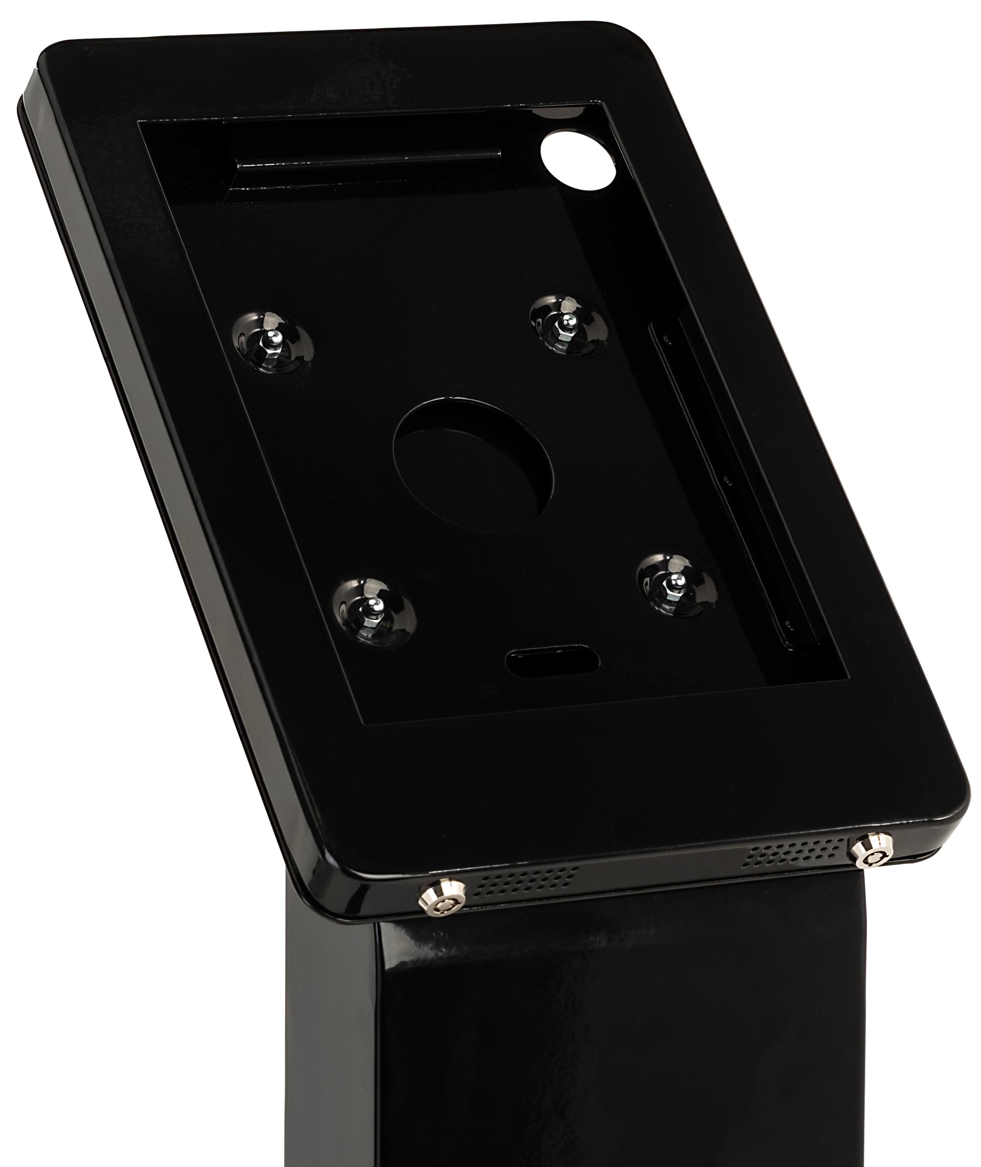 This secure tablet floor stand with locking enclosure