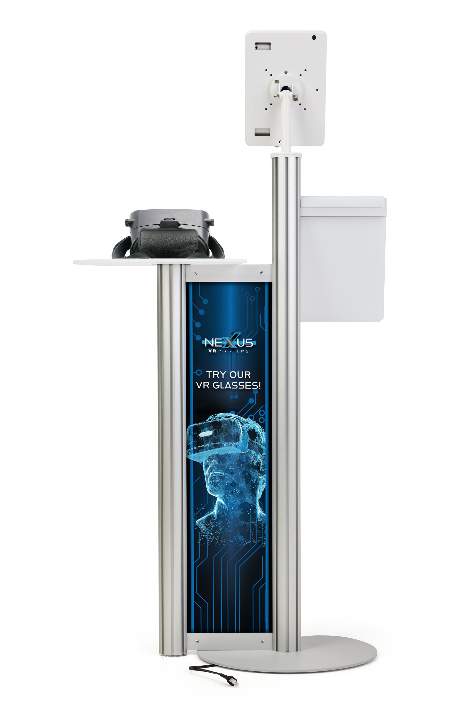 Floor standing iPad display table with custom graphics and literature pocket