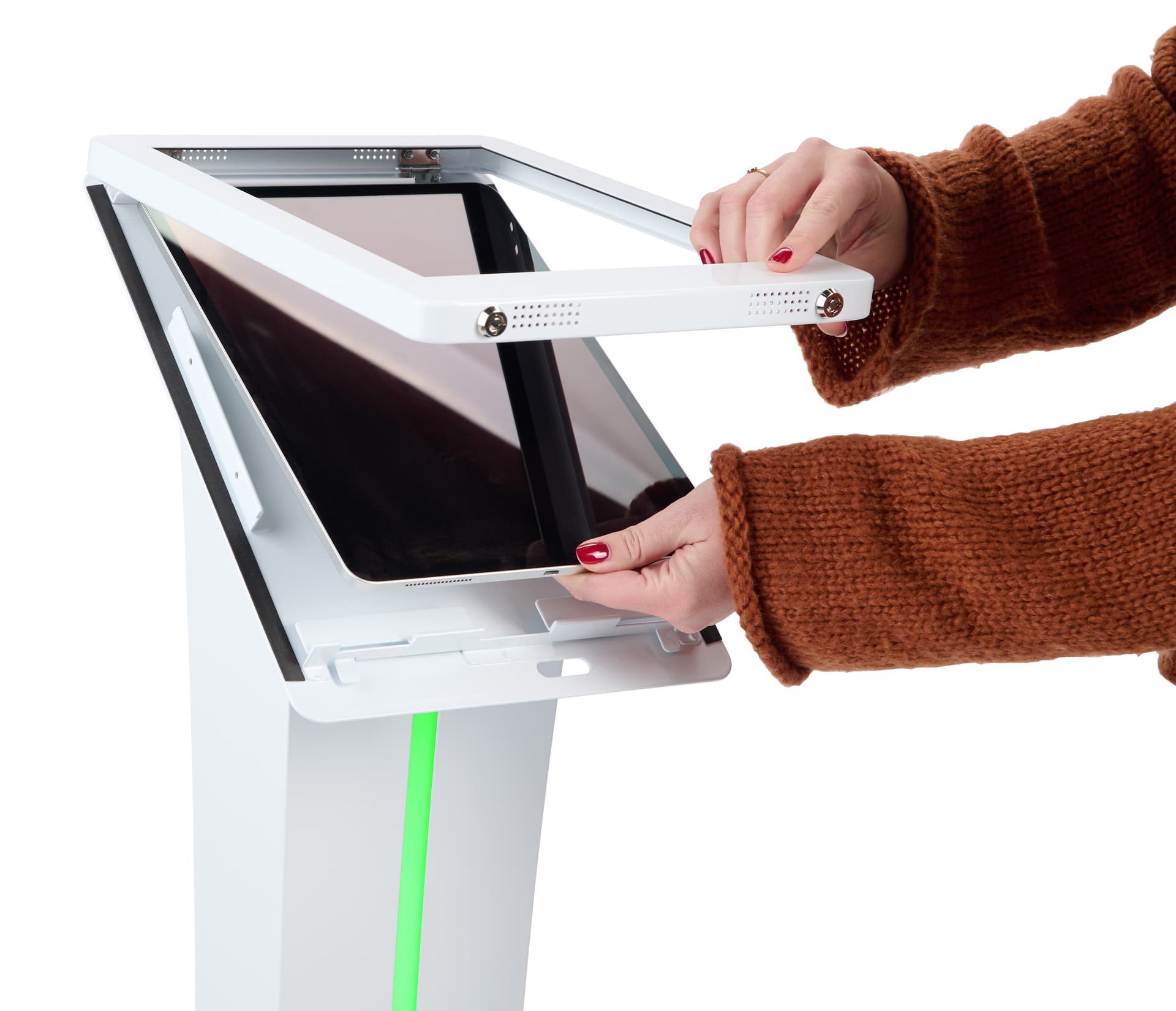 Edge-lit iPad kiosk with swing open loading 