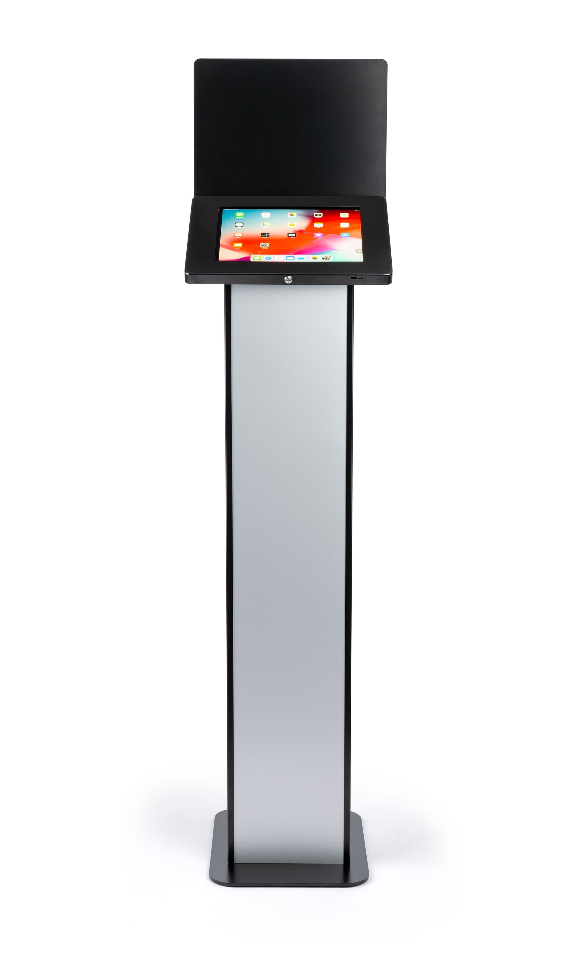 Black and silver customizable tablet info kiosk