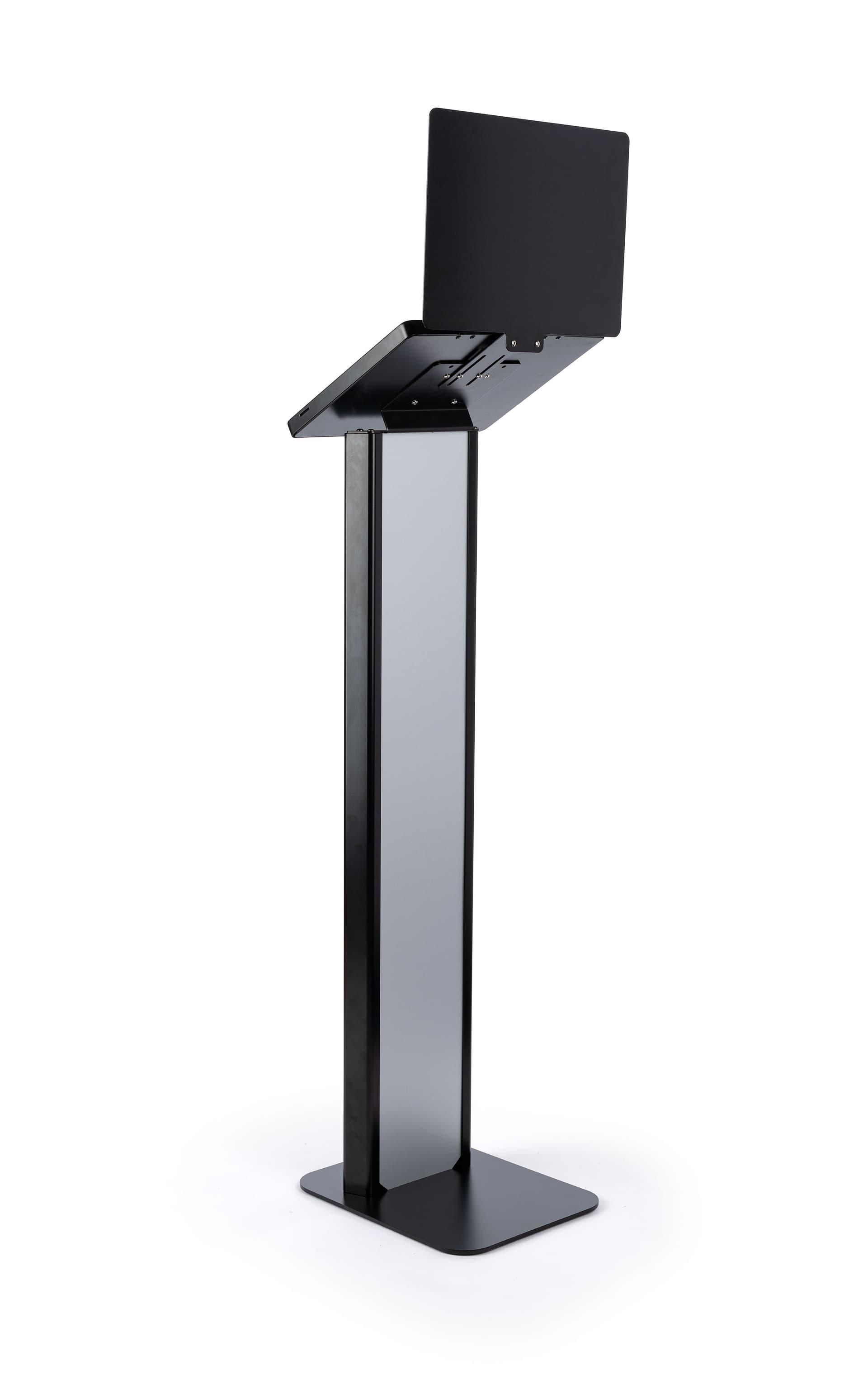Black and silver customizable tablet info kiosk with integrated cable management