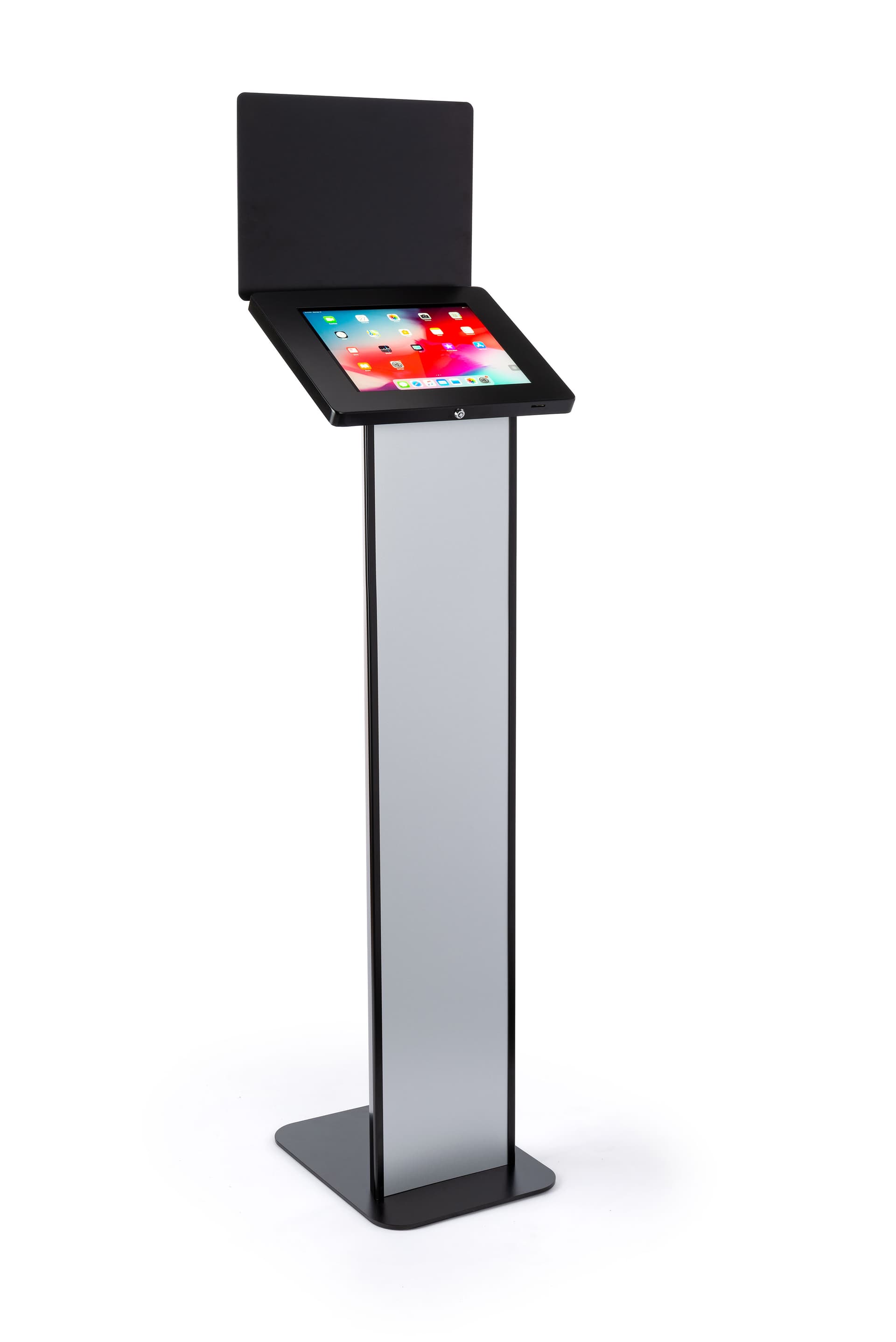 15.0"w x 55.5"h x 12.0"d black and silver customizable tablet info kiosk