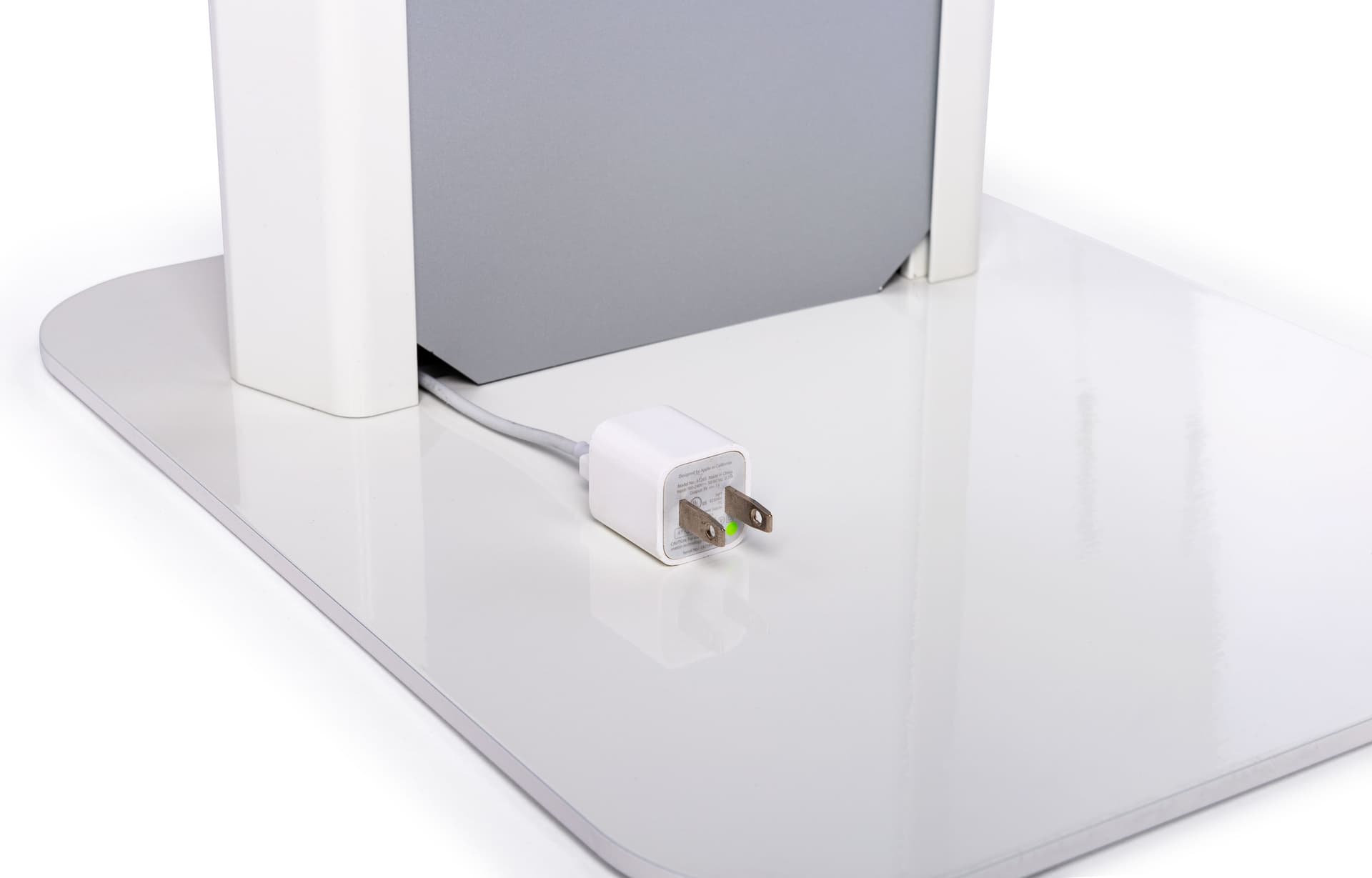 Silver and white iPad panel kiosk for guest check-in, surveys, or product information