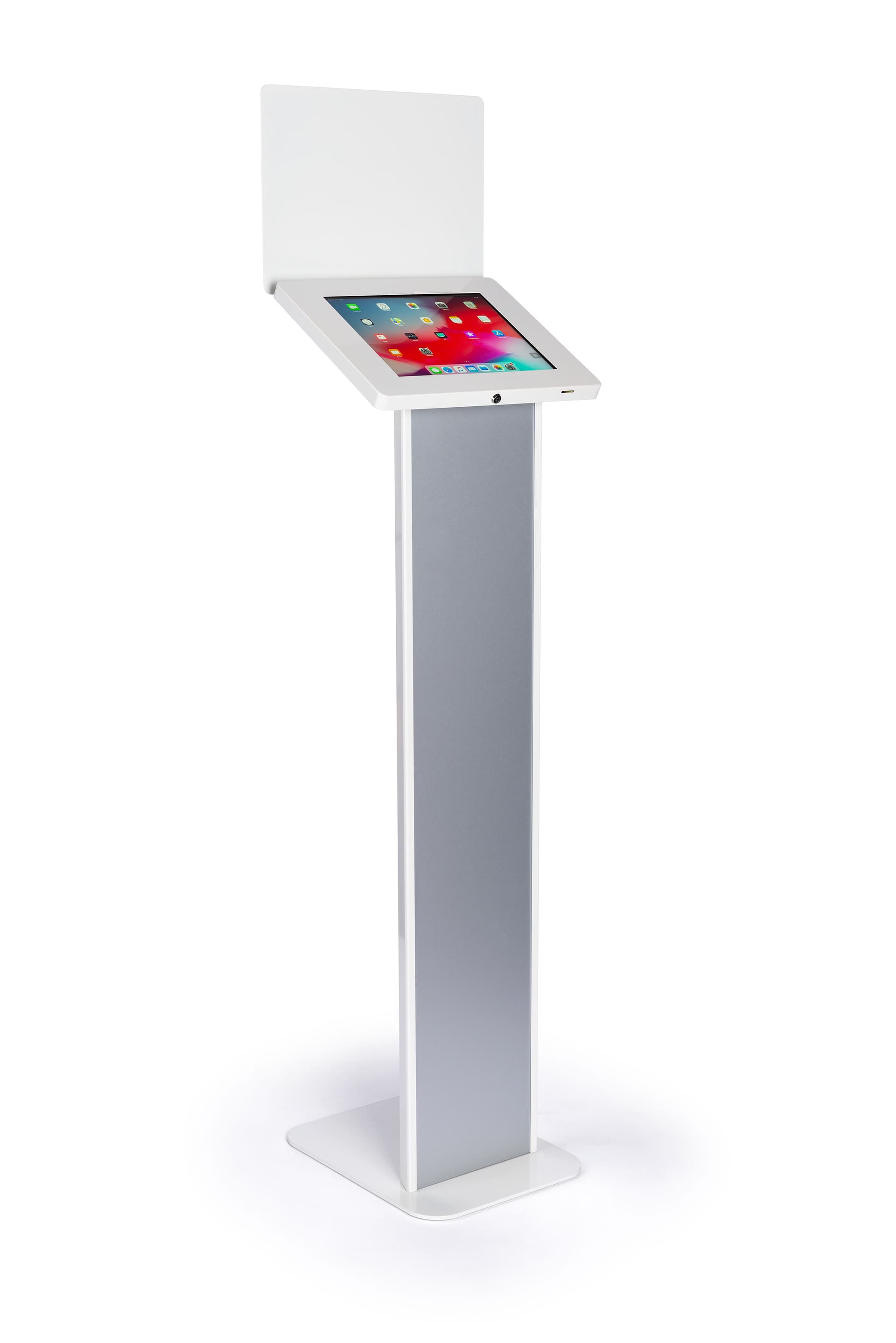 Silver and white iPad panel kiosk with sturdy base