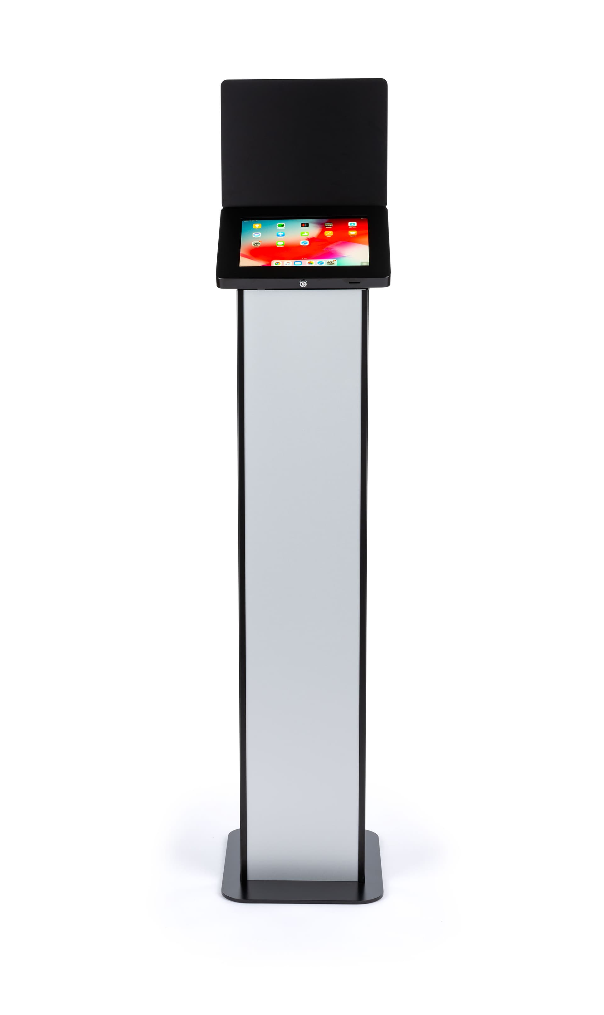 Black and silver brandable tablet kiosk with modern design for multiple professional environments