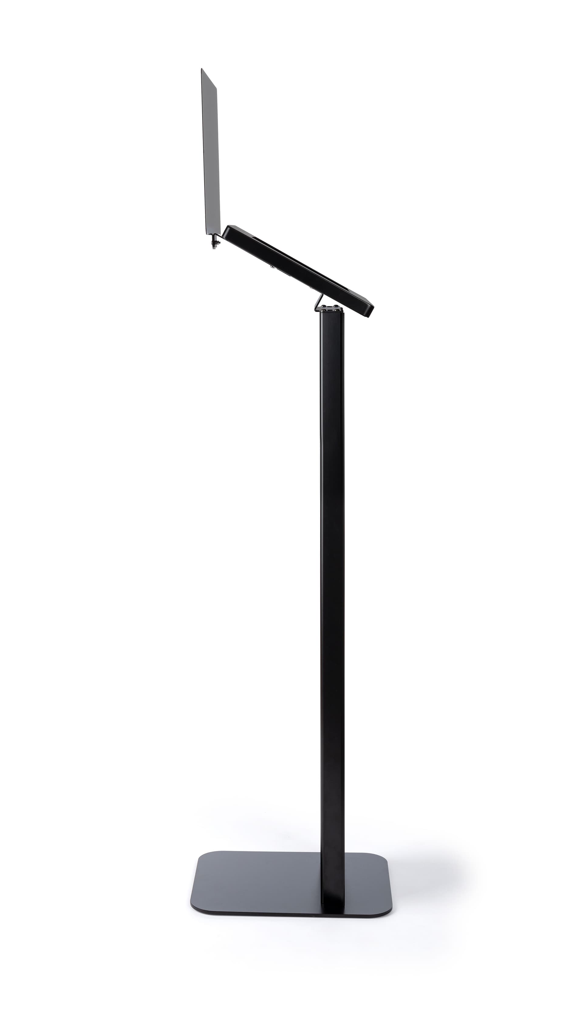Black and silver brandable tablet kiosk with contemporary design