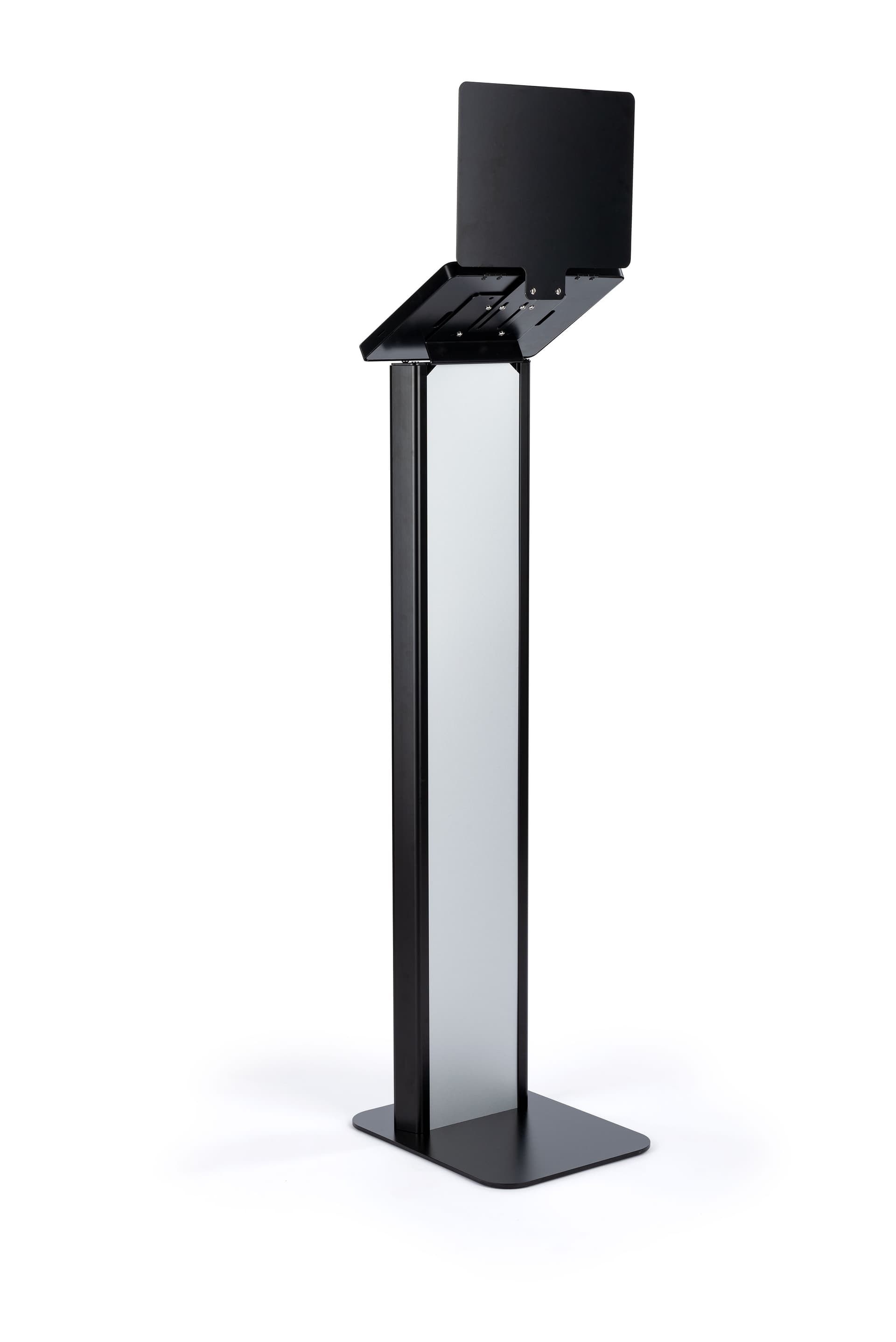 Black and silver brandable tablet kiosk with secure reinforced steel base