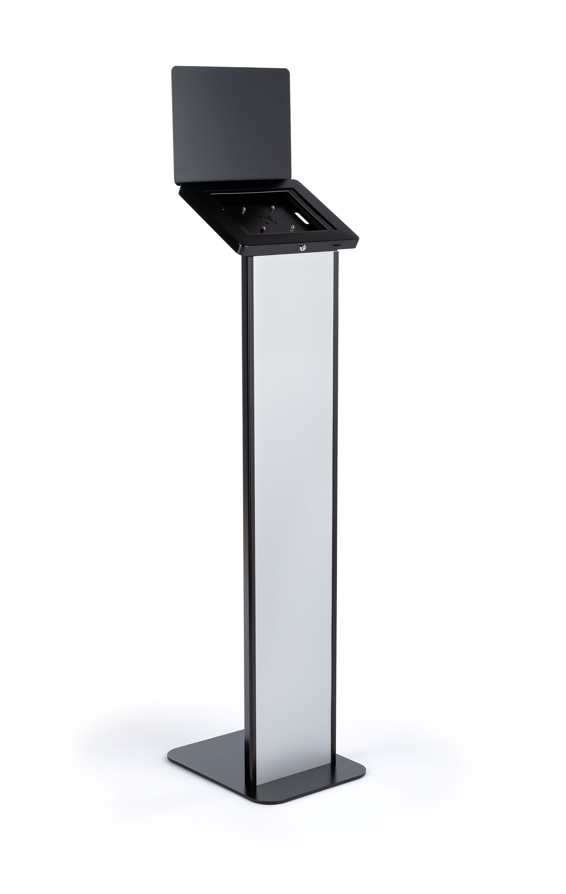 Black and silver brandable tablet kiosk with hinged enclosure for  device access