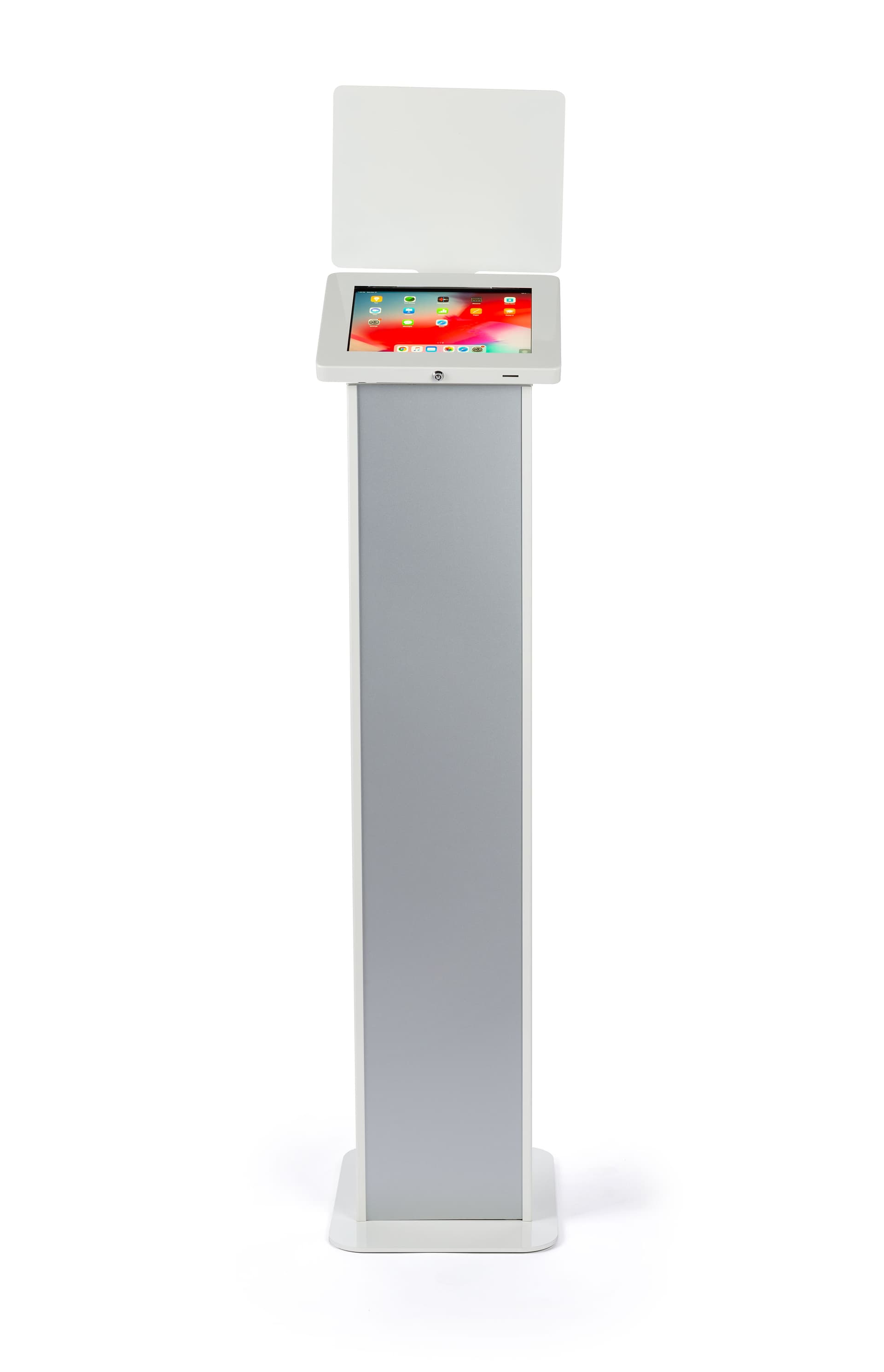 Modern-looking white  iPad kiosk with panel