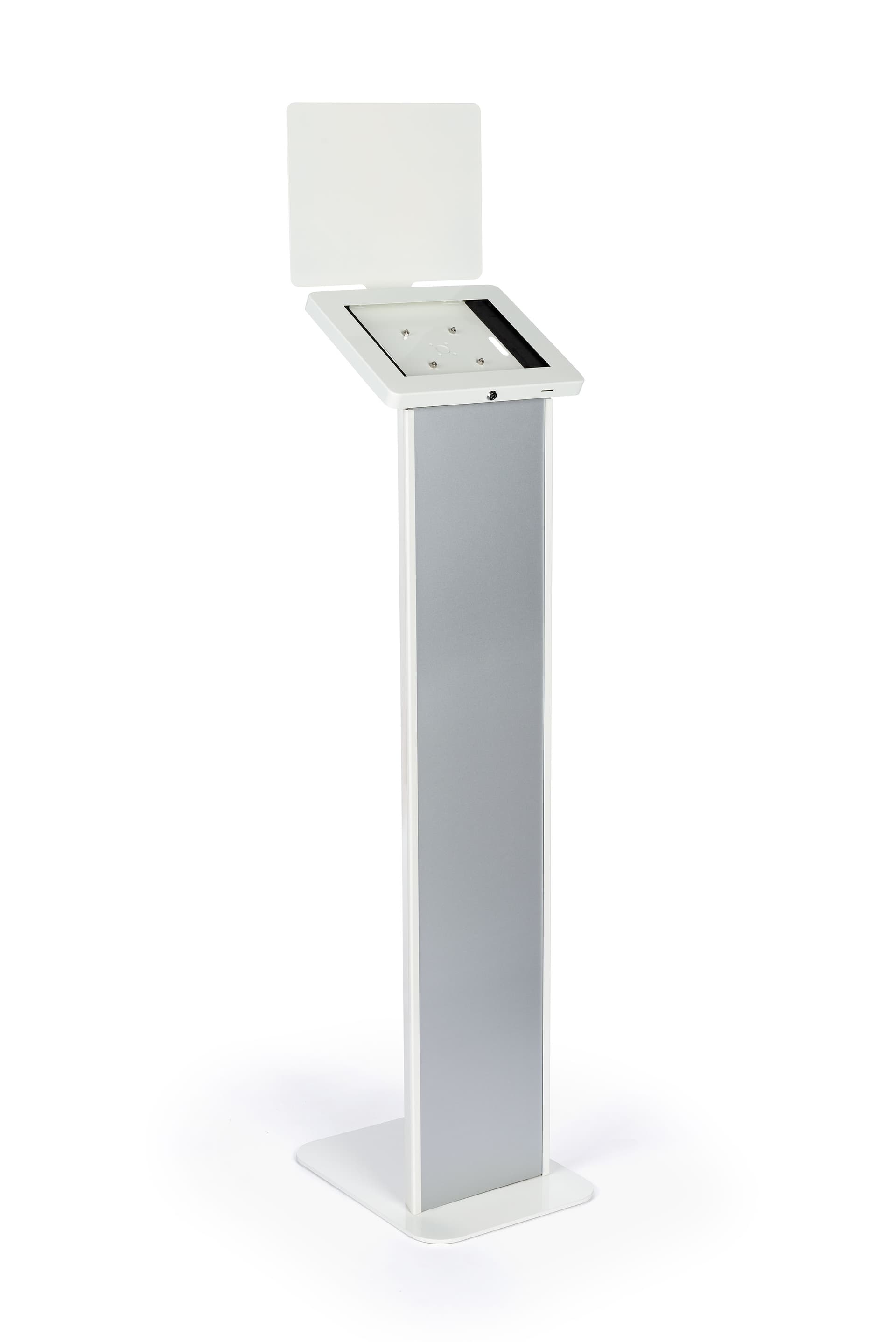 White  iPad kiosk with panel with hinged internal enclosure for tablet access 