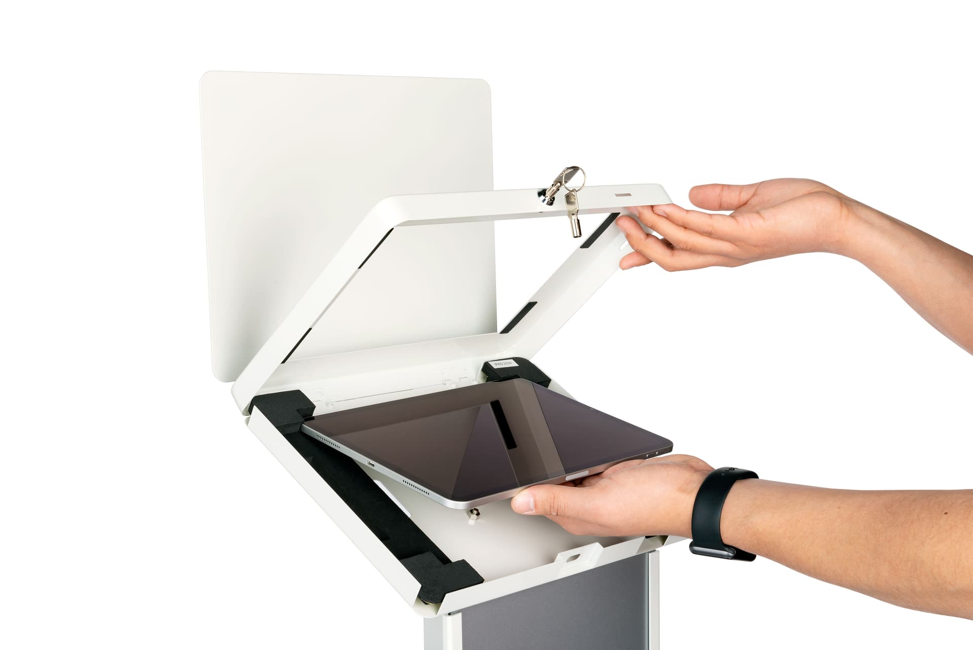 White  iPad kiosk with panel with horizontal device landscape orientation