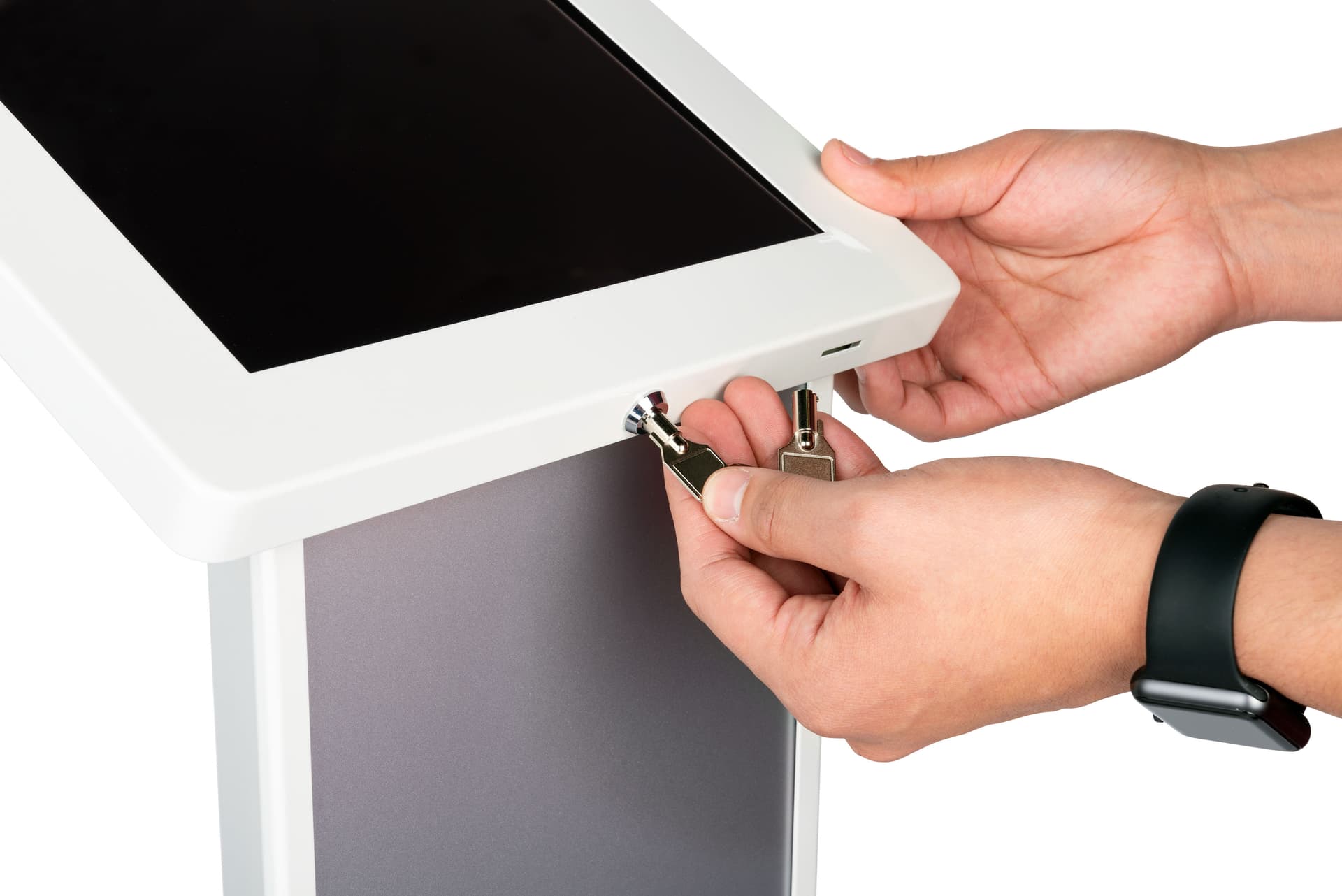 White  iPad kiosk with panel with 2 sets of keys for security 