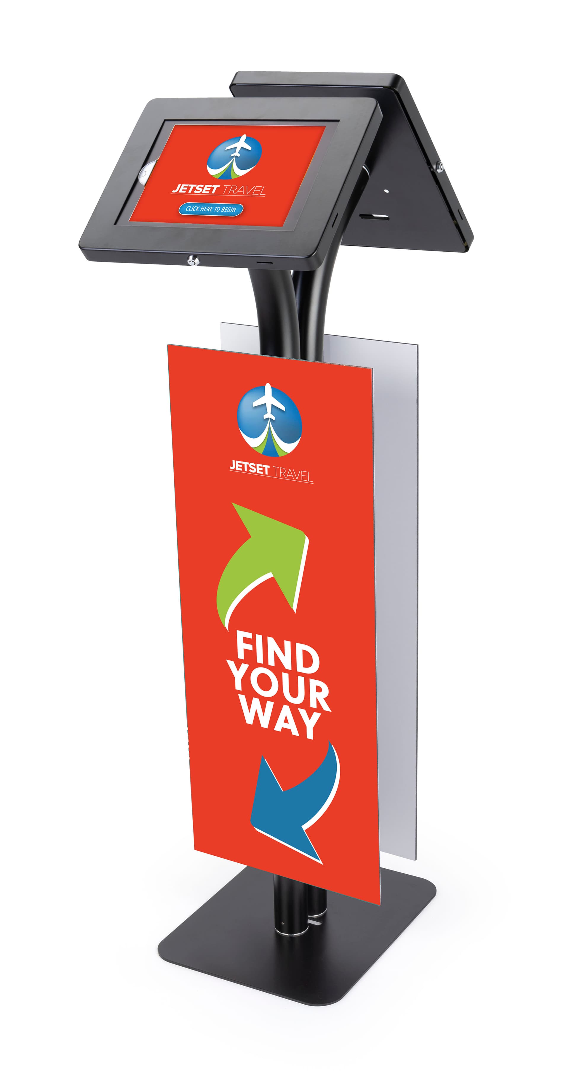Convertible printed double tablet kiosk with 360 degree display rotation