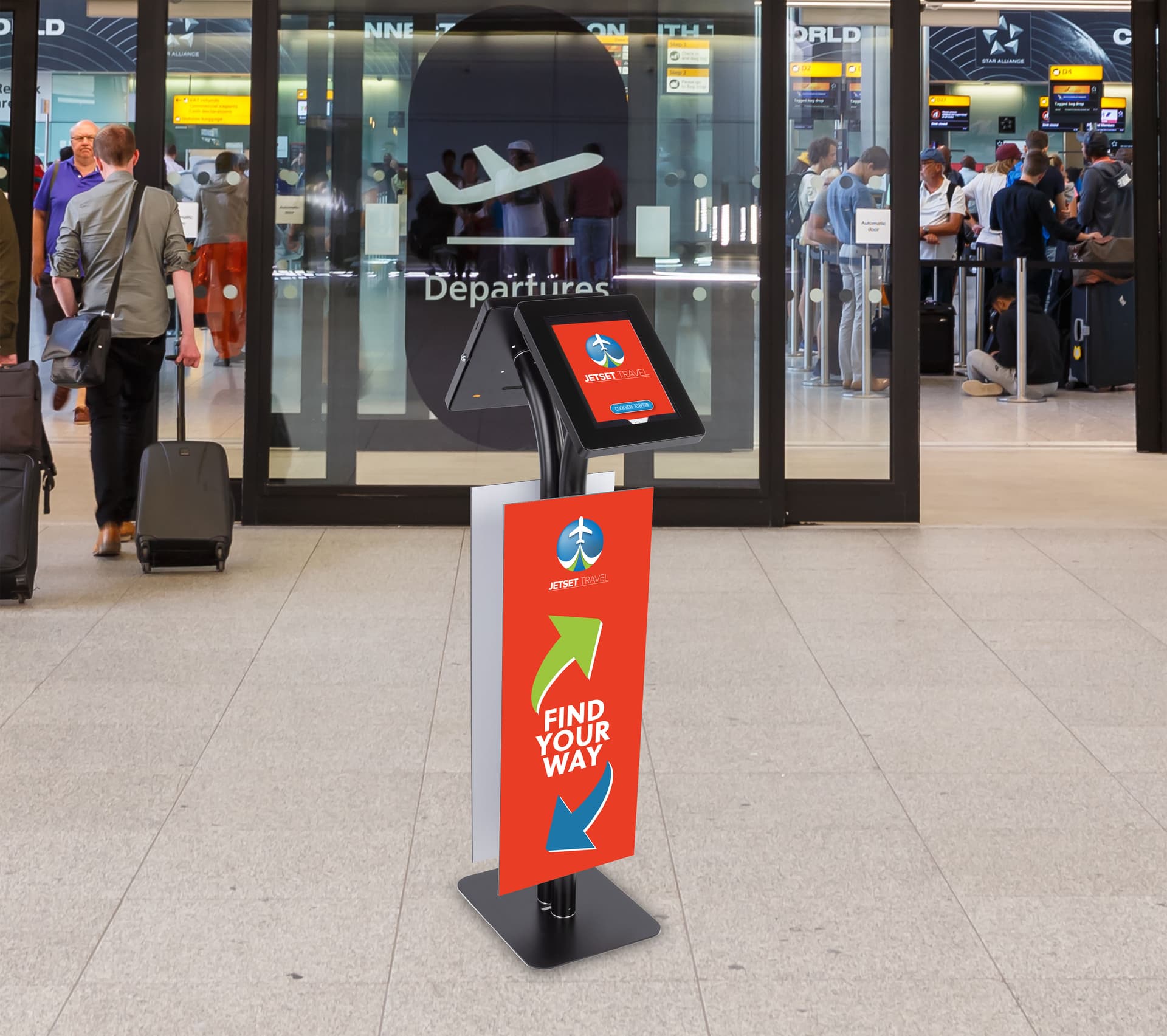 Convertible printed double tablet kiosk with lockable rotating enclosures