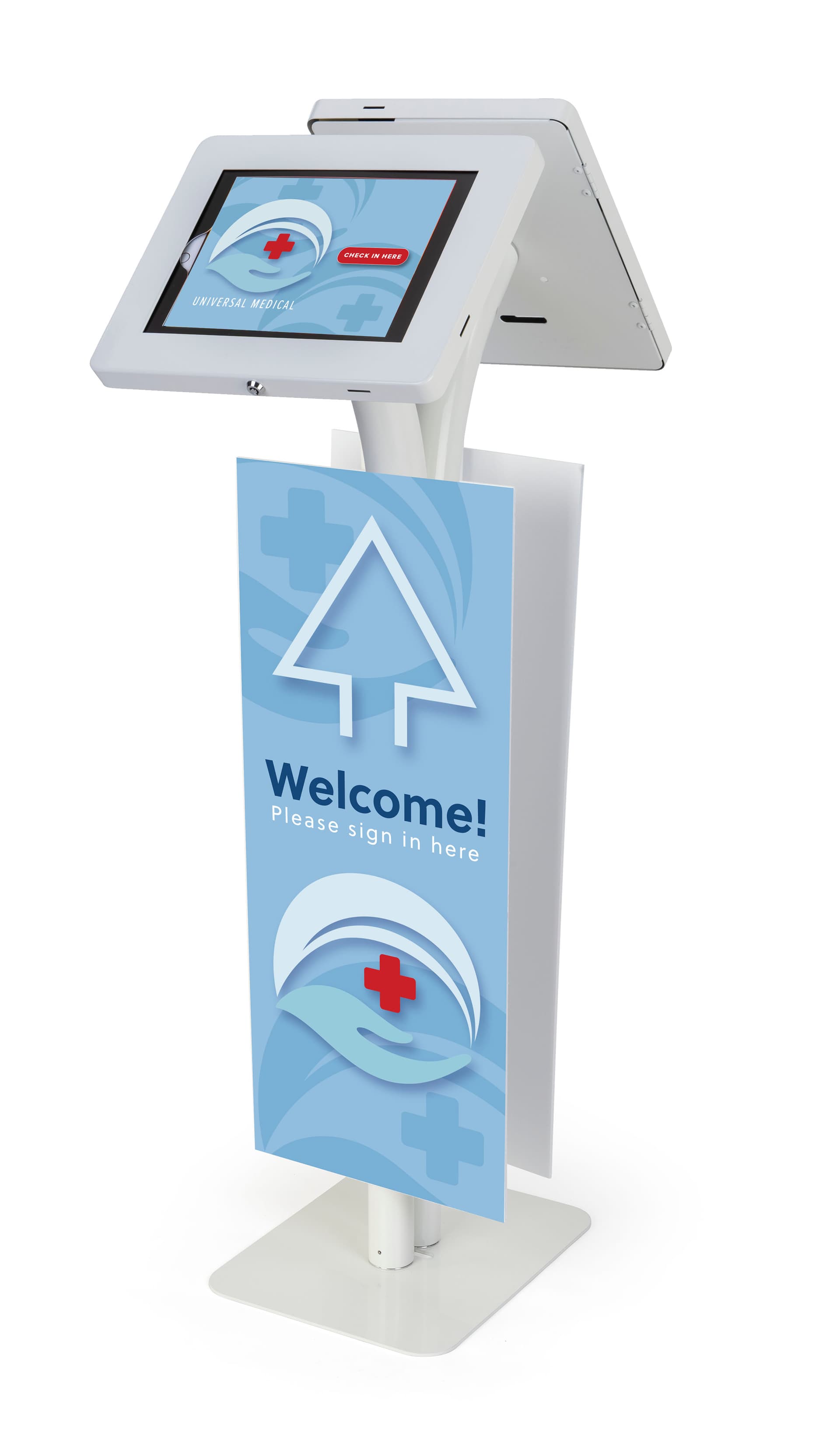 Adjustable branded dual tablet floor stand with horizontal and vertical display options