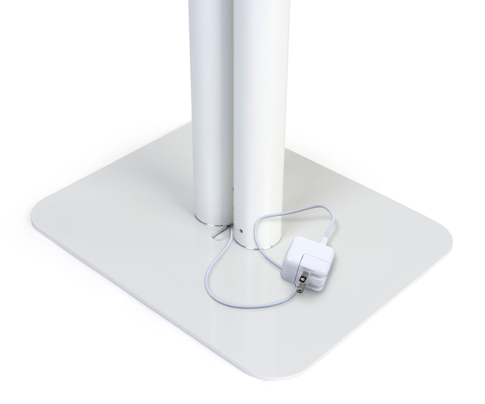 Adjustable branded dual tablet floor stand with portable aluminum base