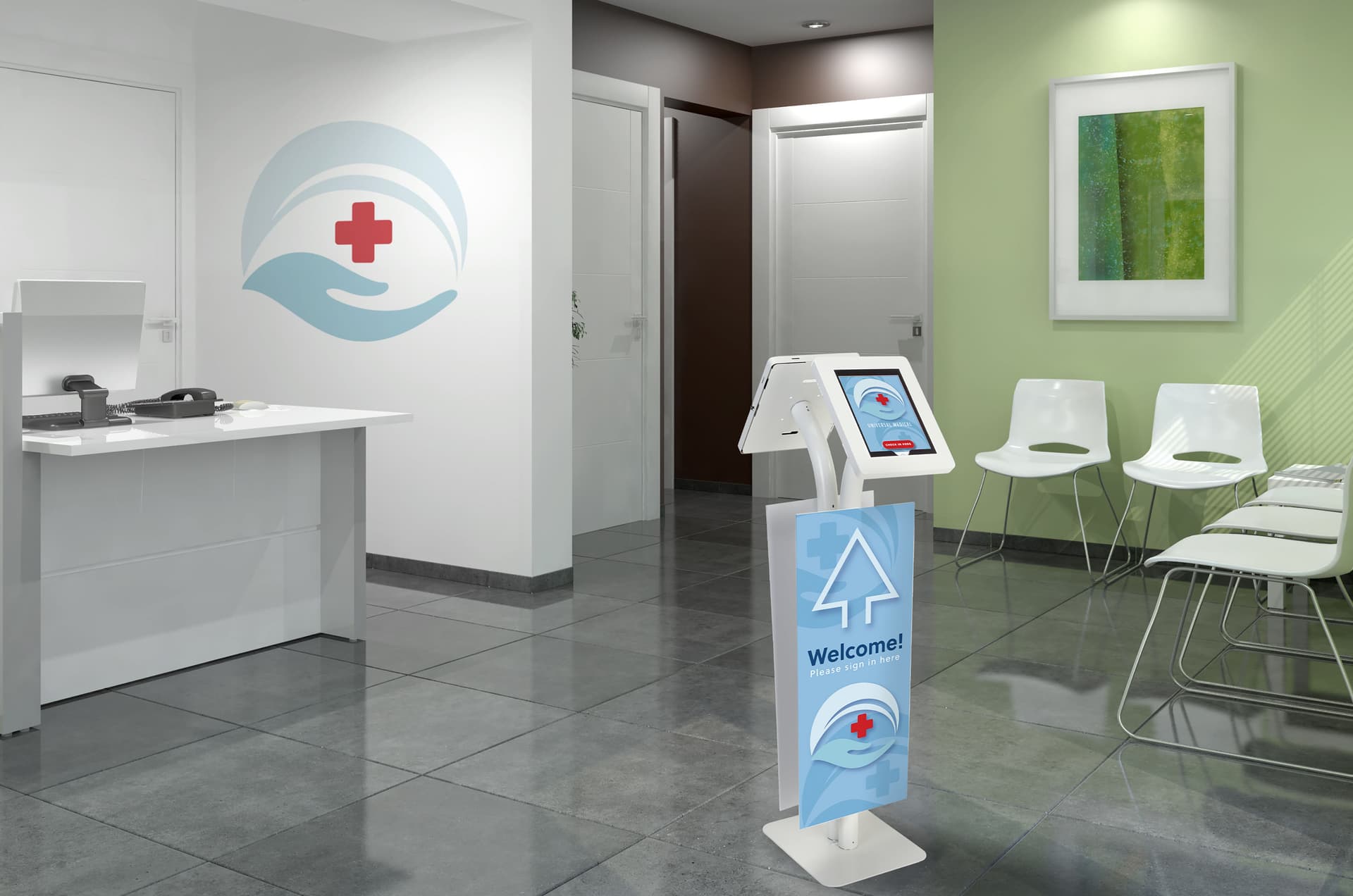 Adjustable branded dual tablet floor stand with custom printing