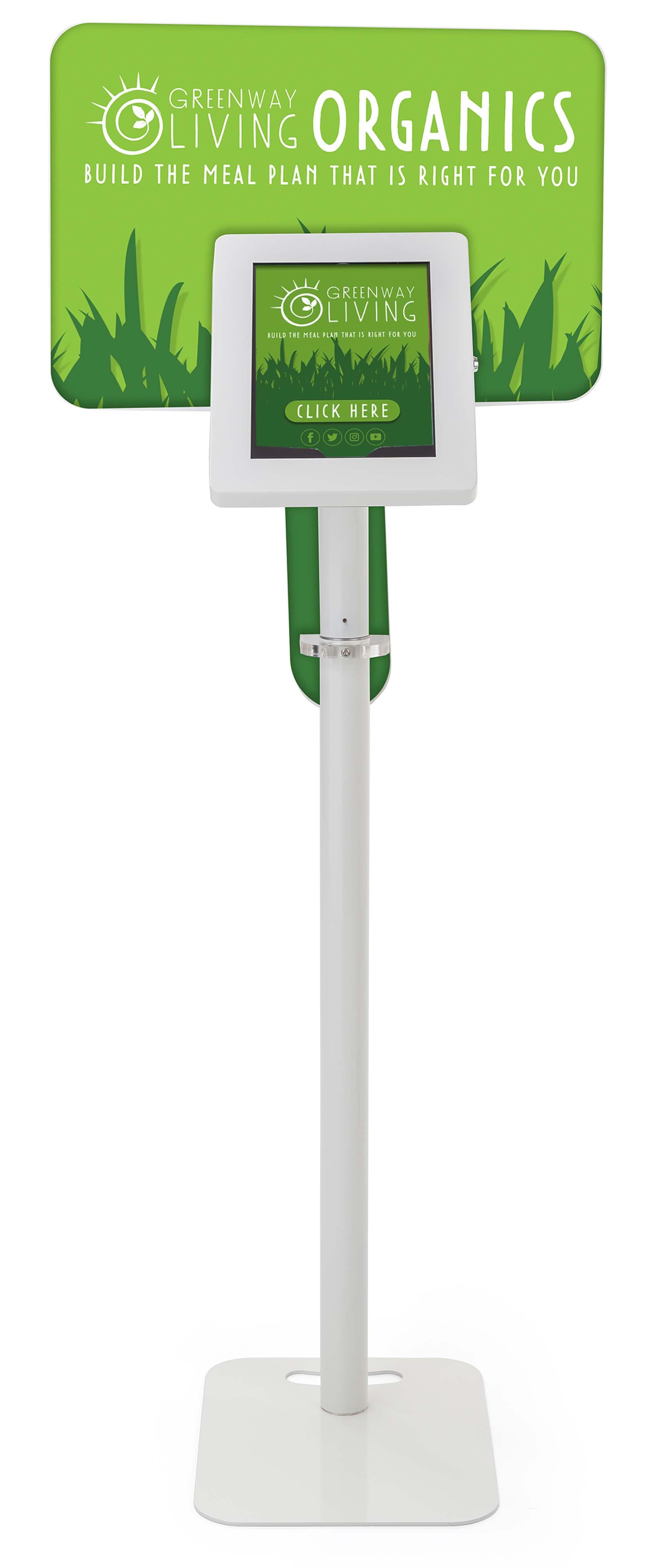 Interactive iPad station with custom graphics is made from white steel
