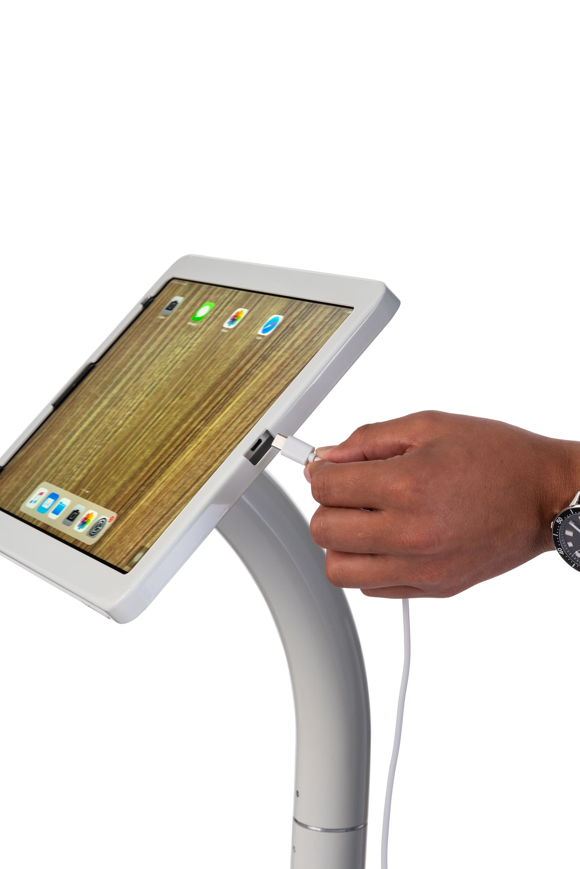 Adjustable 12.9 iPad pro stand with charging port accessibility 