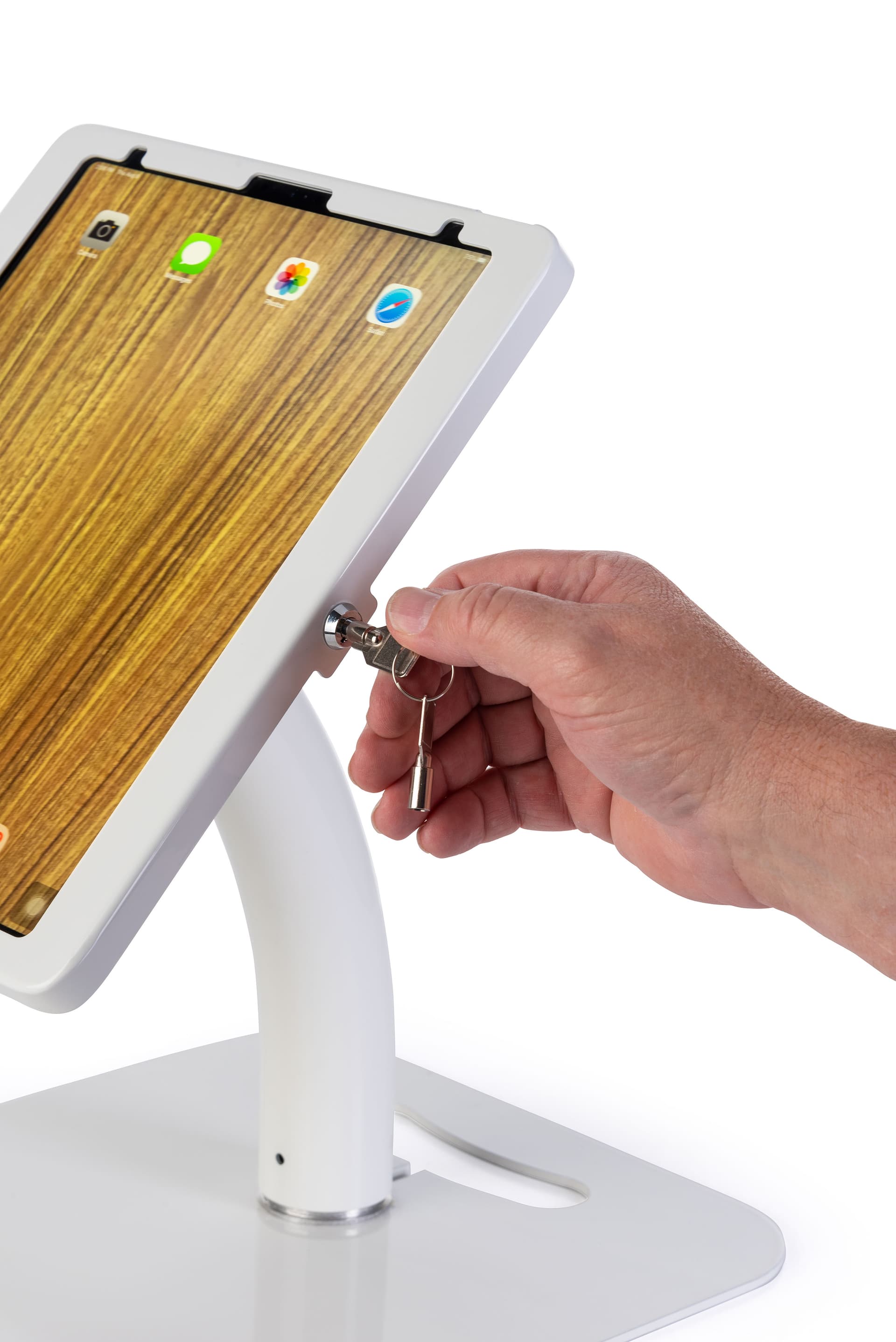 Adjustable 12.9 iPad pro stand with tamper-proof locking enclosure 
