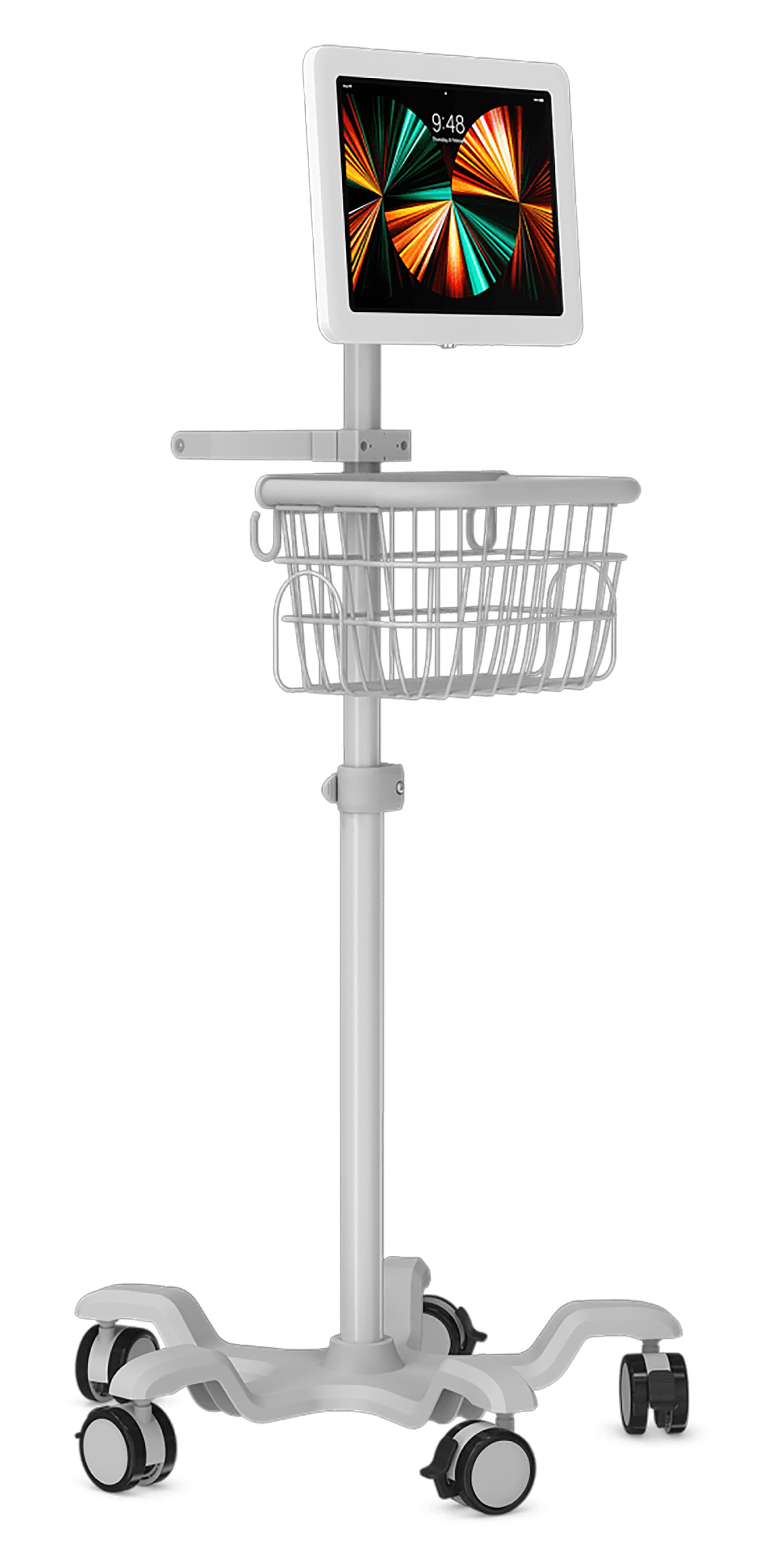 Medical mobile iPad cart with clean white aluminum construction
