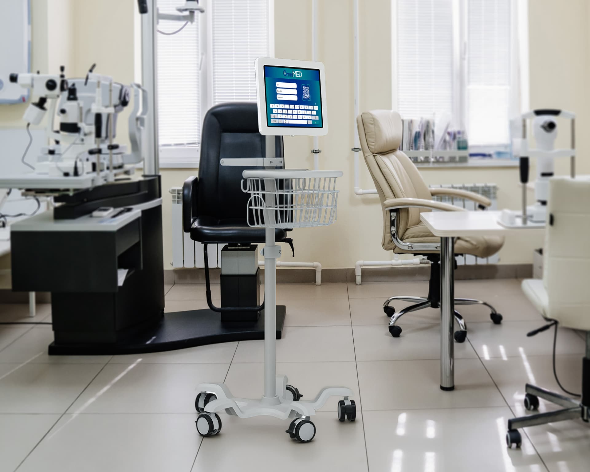 Mobile tablet cart for Surface Pro being utilized in an eye doctors office
