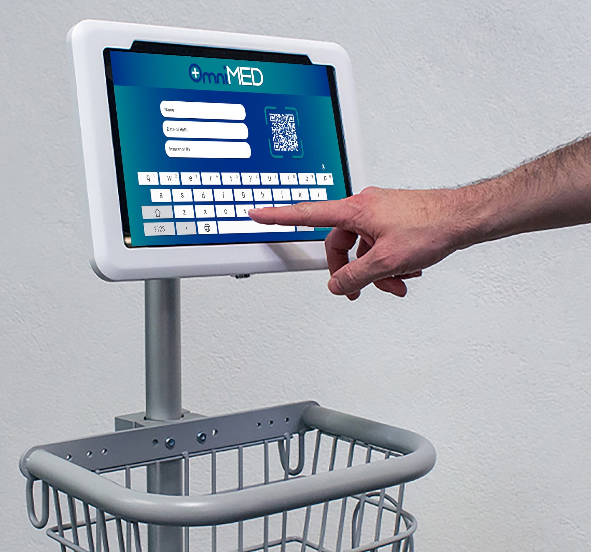 Mobile tablet cart for Surface Pro showcasing a person interacting with the tablet on the medical cart
