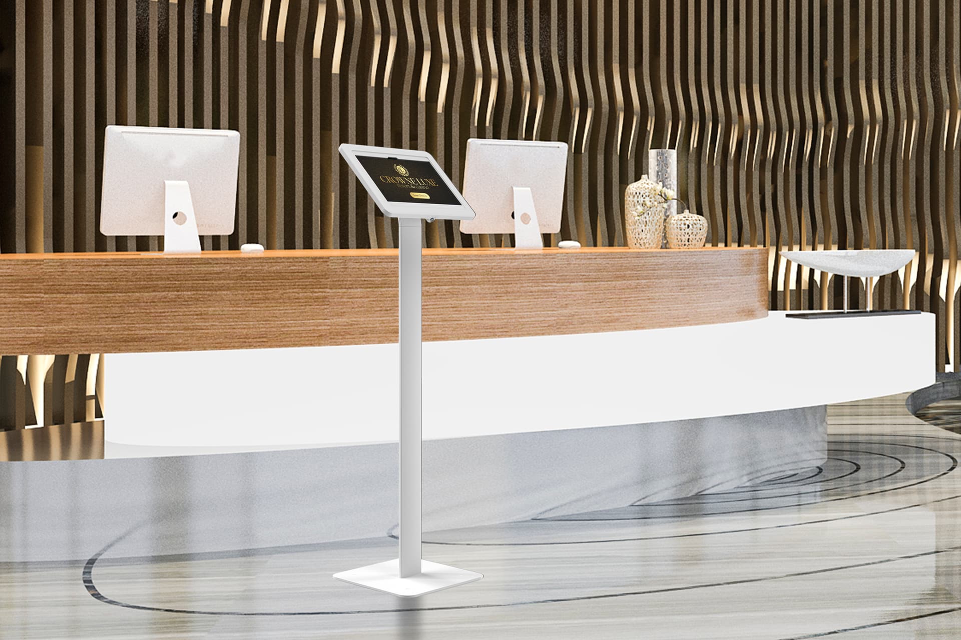 Floorstanding Samsung Galaxy tablet holder being used in a hotel lobby for self service check in