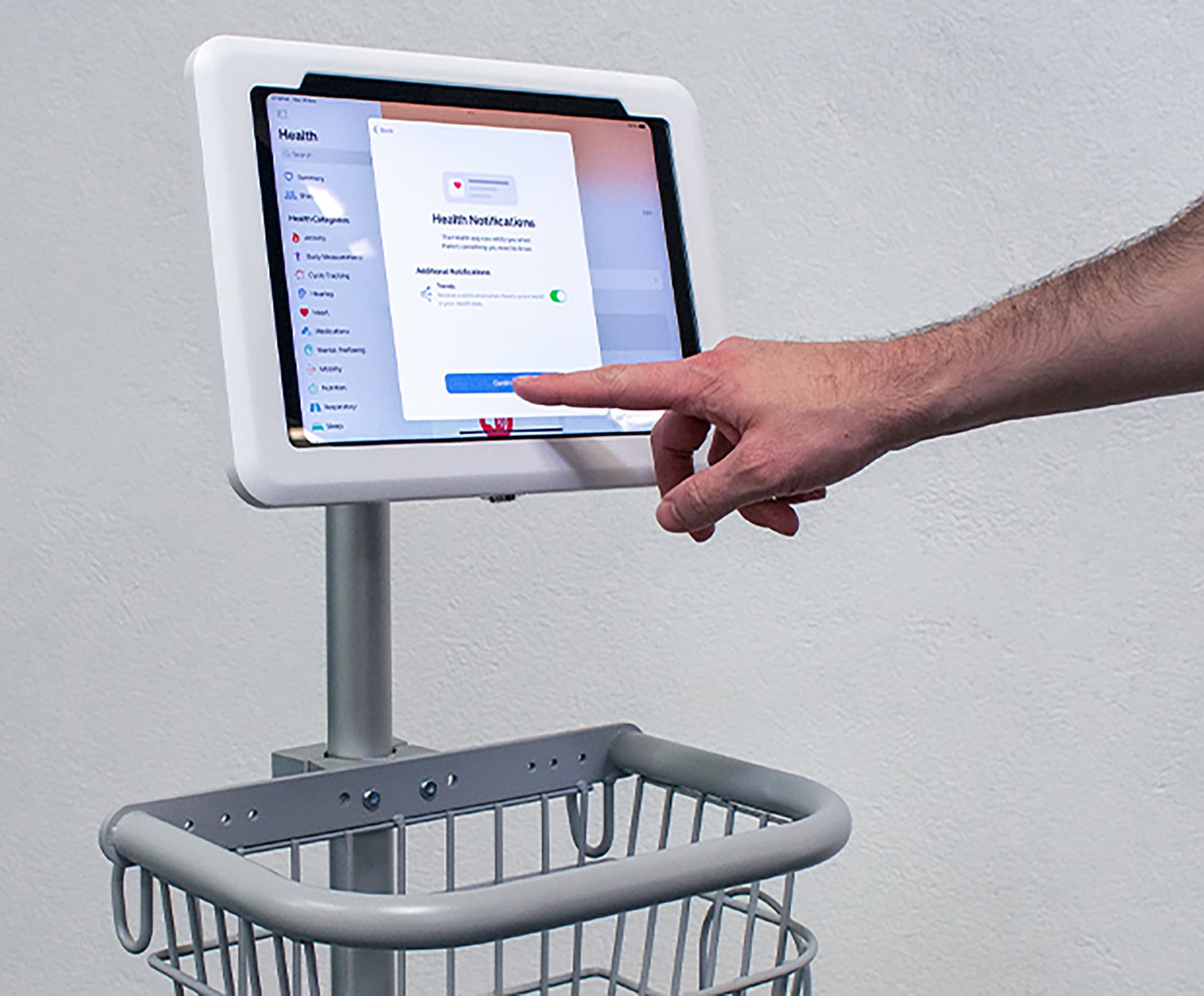 Medical tablet cart for Galaxy Tab showcasing a person interacting with the tablet on the medical cart