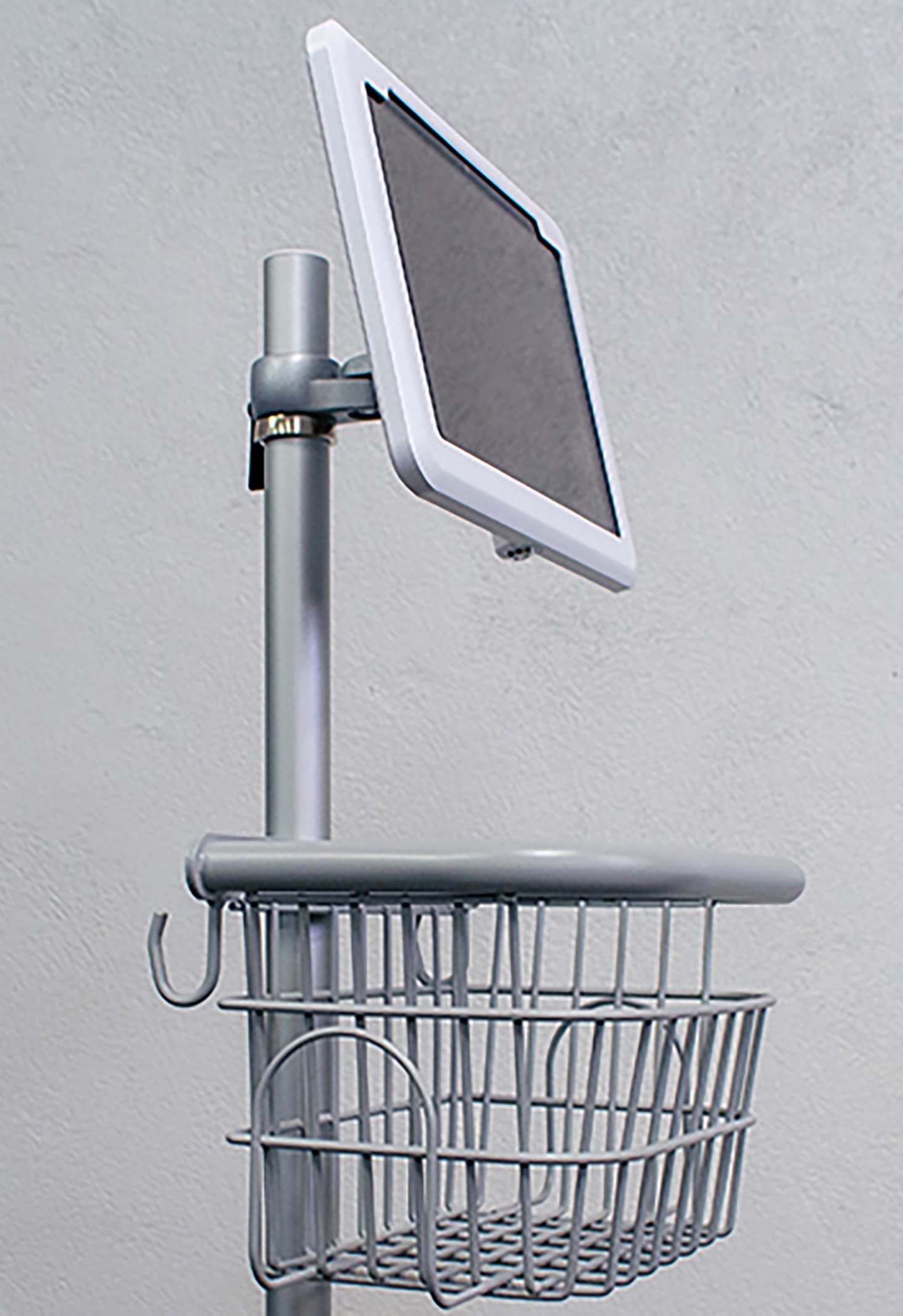 Medical mobile iPad cart with included hook on the back of the basket