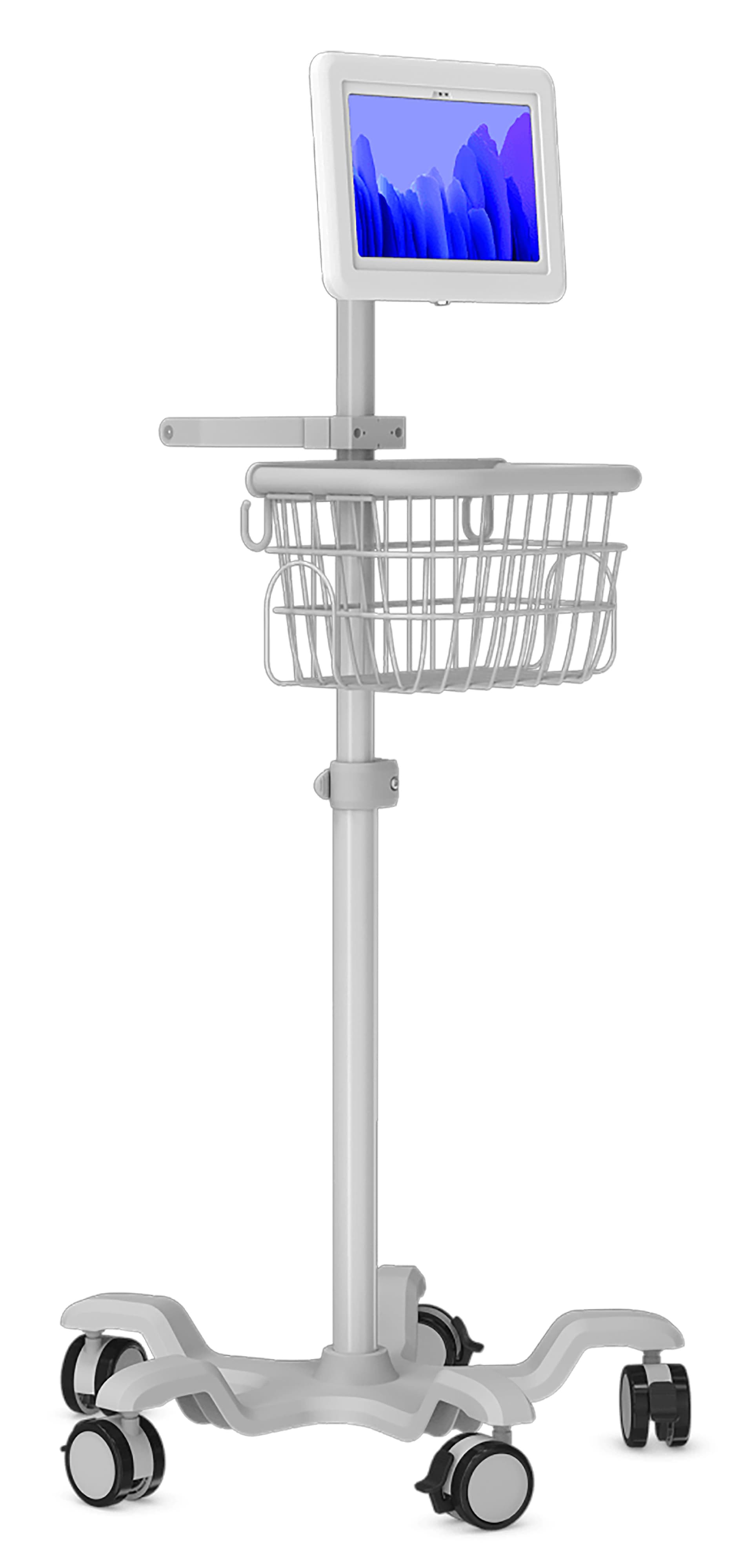 Medical tablet cart for Galaxy Tab with clean white aluminum construction