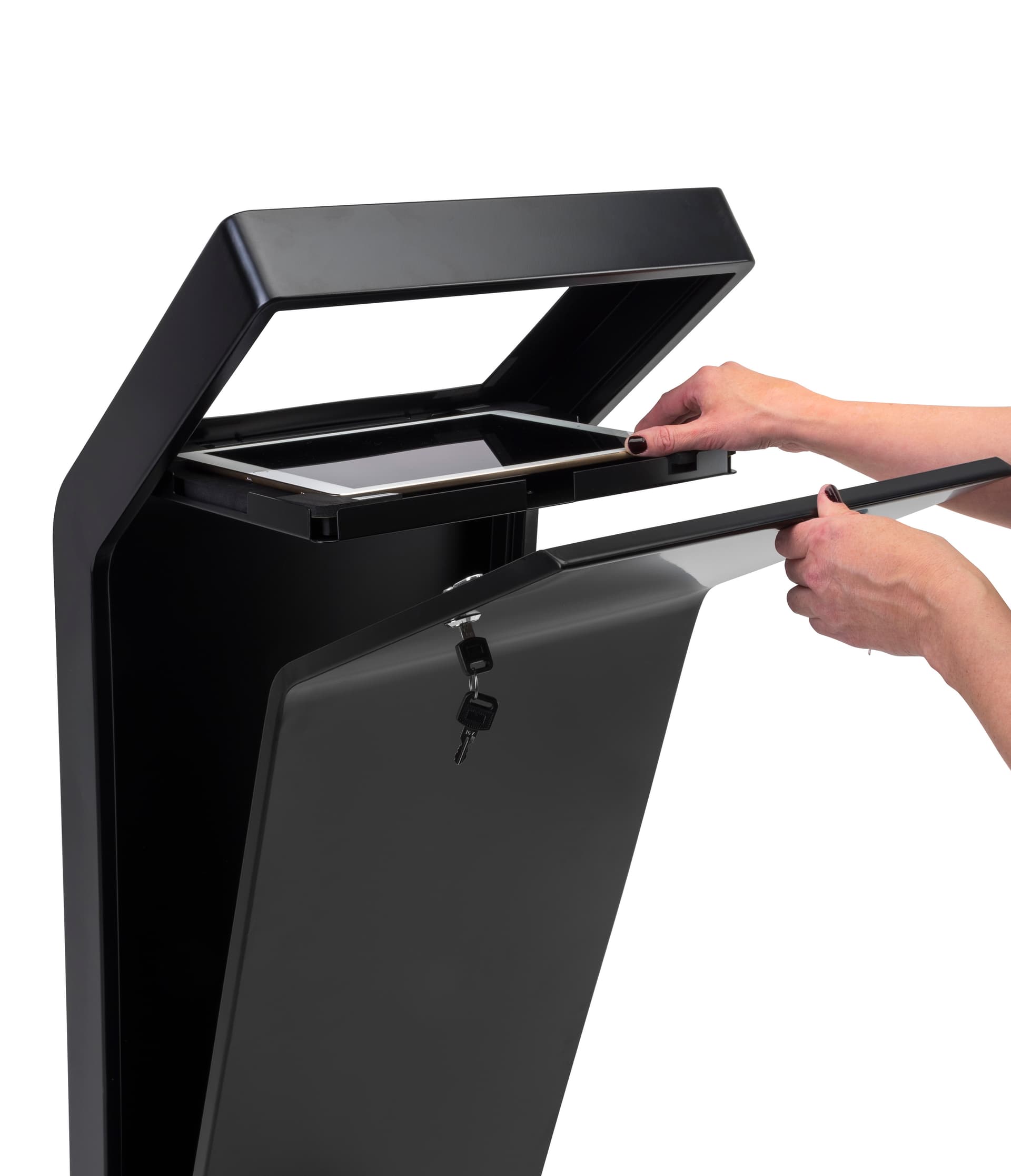 Custom backlit graphic iPad kiosk with compatibility for multiple Apple and Galaxy Tablets