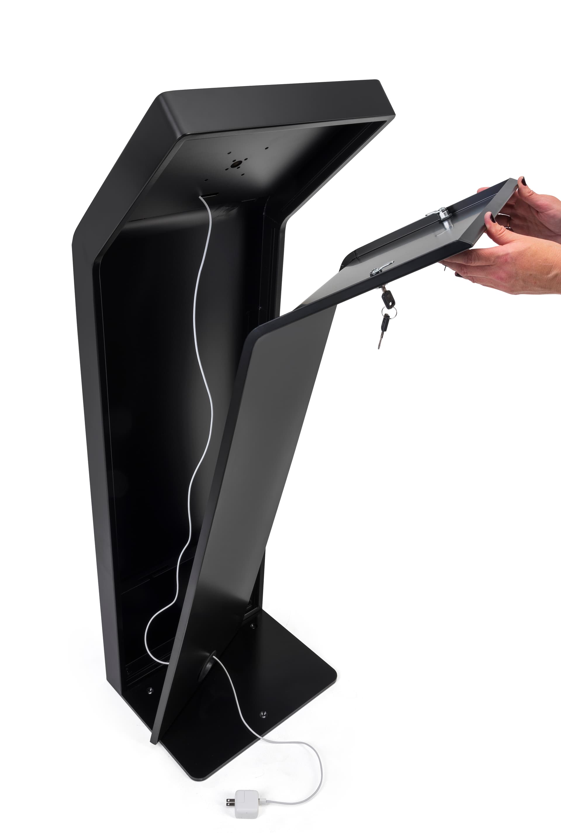 Custom backlit graphic iPad kiosk with lockable cable system