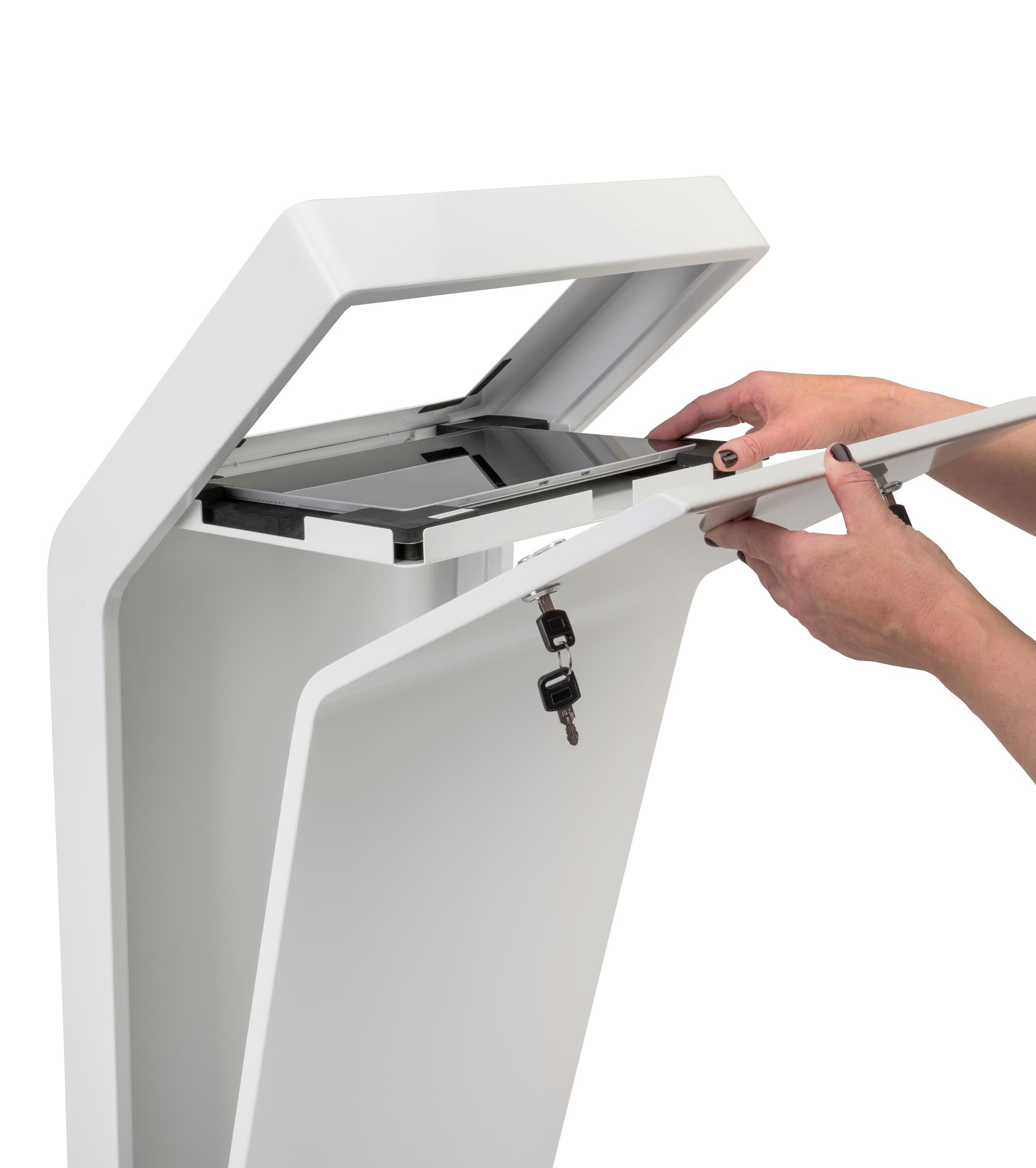 White iPad floor stand kiosk with hinged internal tray for device access