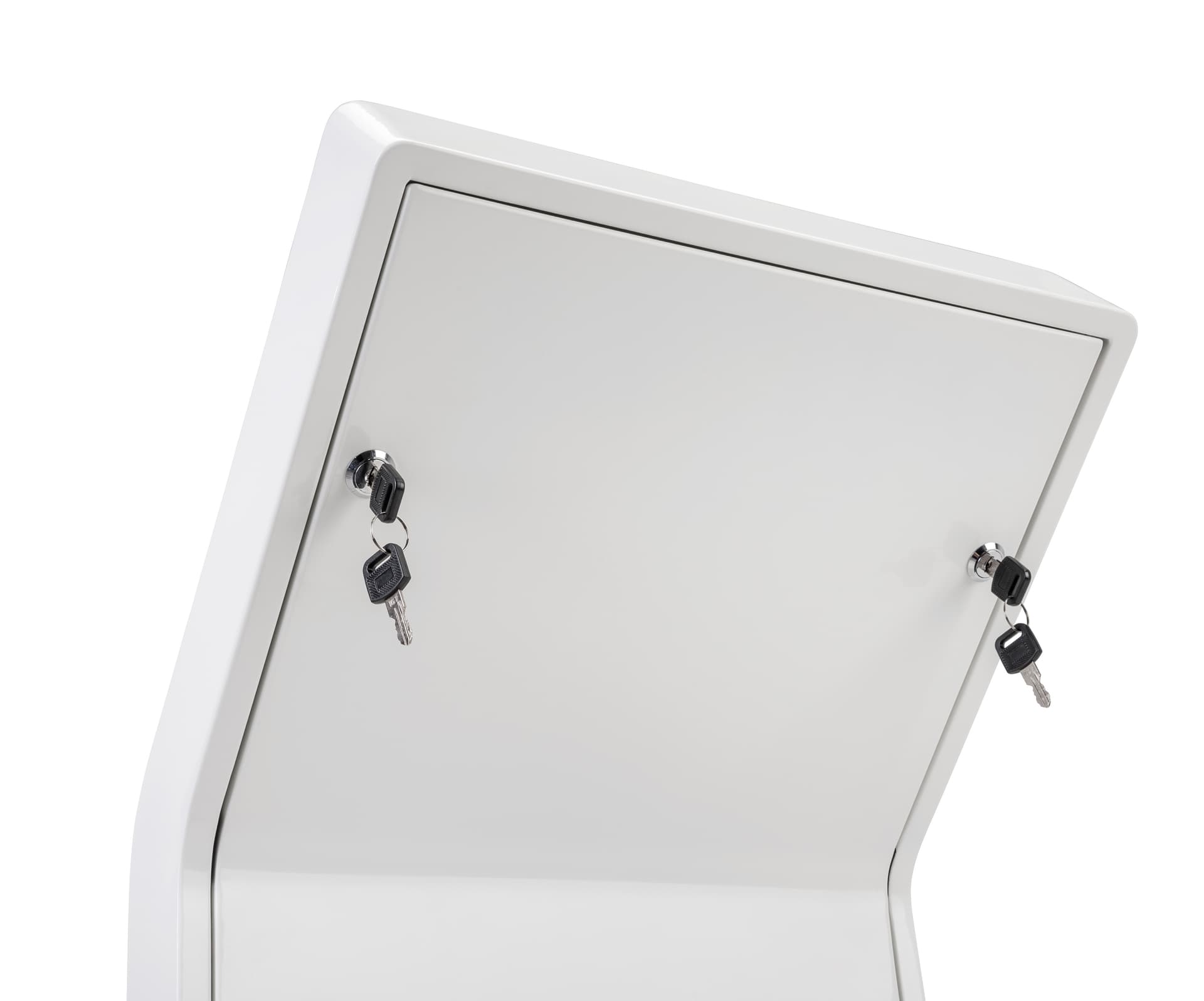 White iPad floor stand kiosk with locking back panel