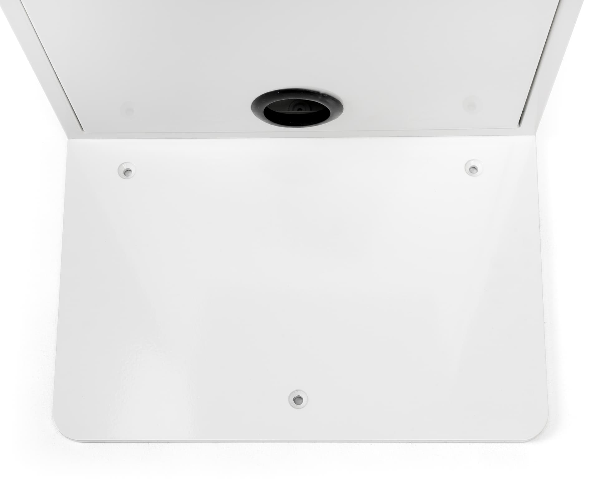 White iPad floor stand kiosk with 3 holes in base for bolting to floor
