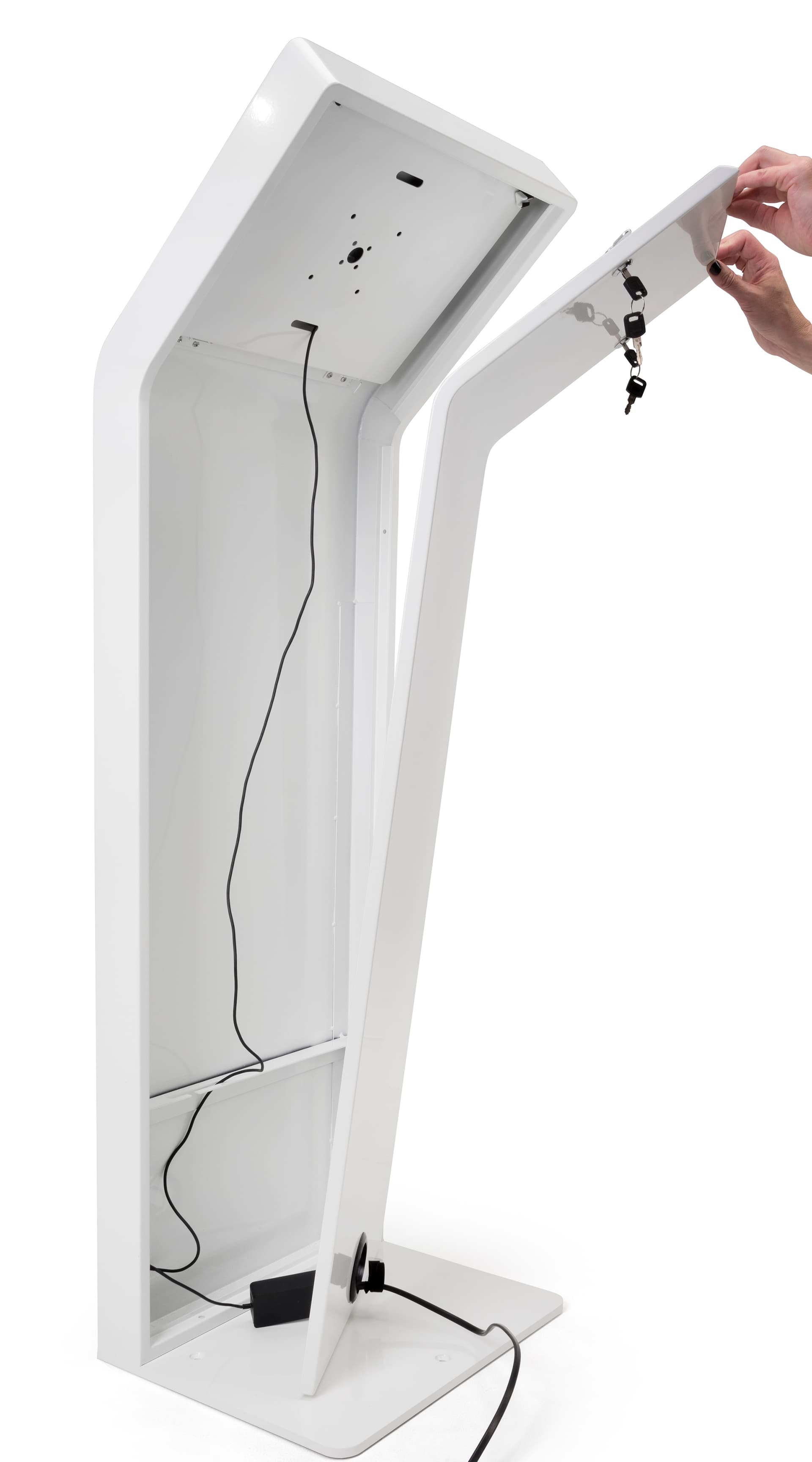 Hidden wire management on back of white iPad floor stand kiosk