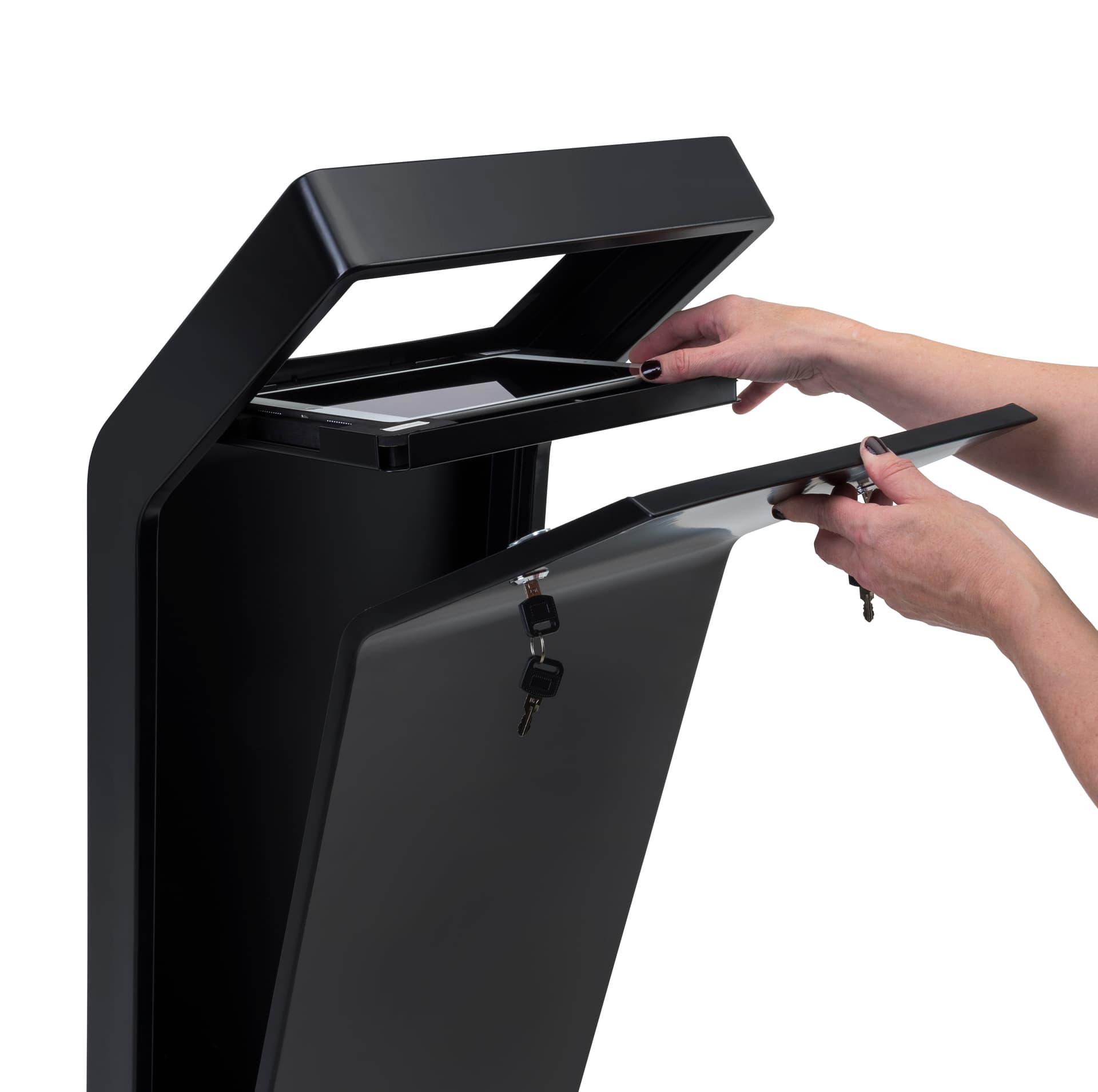 Tablet floor stand with hinged internal tray for device access