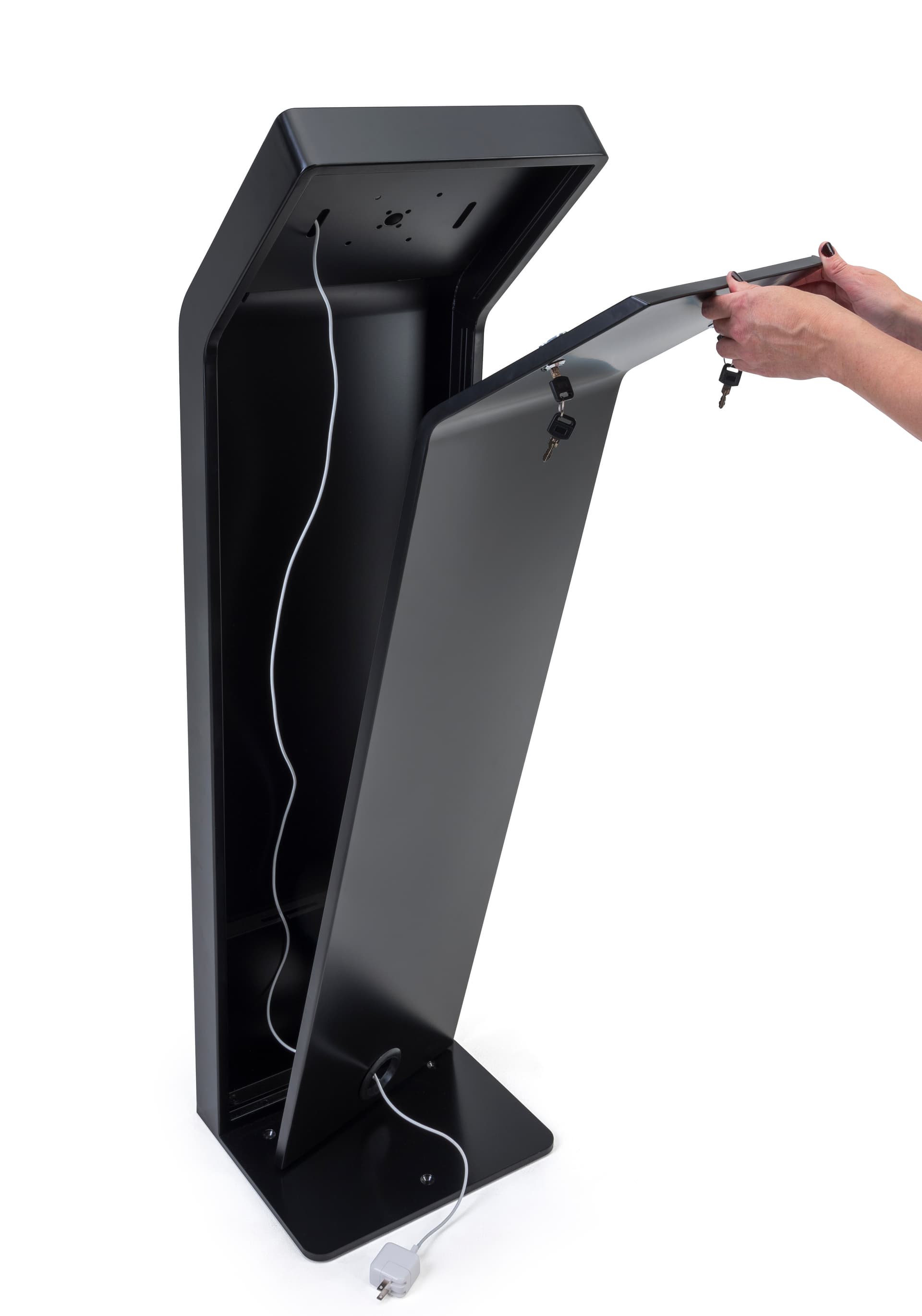 Tablet floor stand with locking back panel for access to device tray