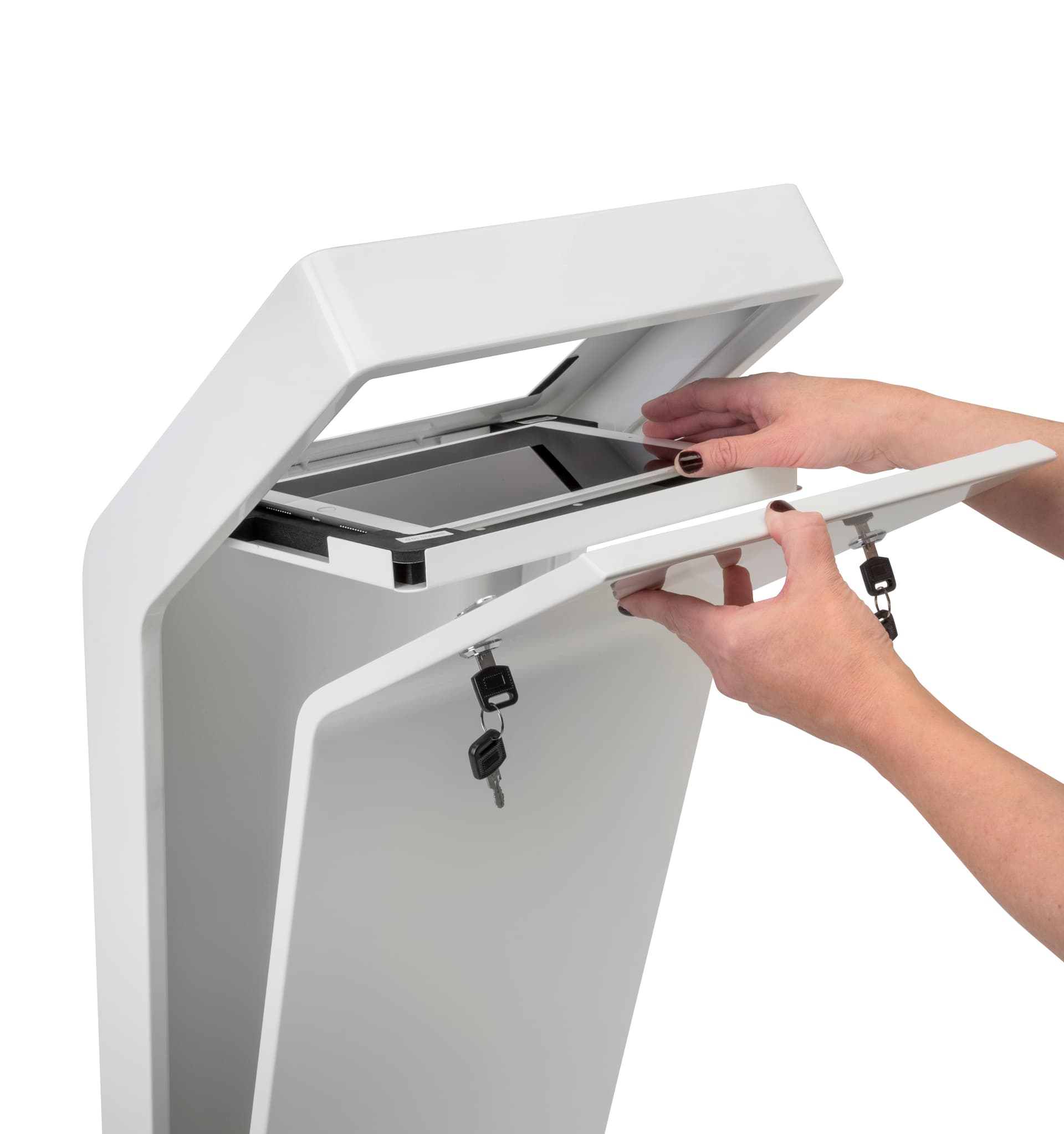 Floor stand for tablet with rear access to secure enclosure
