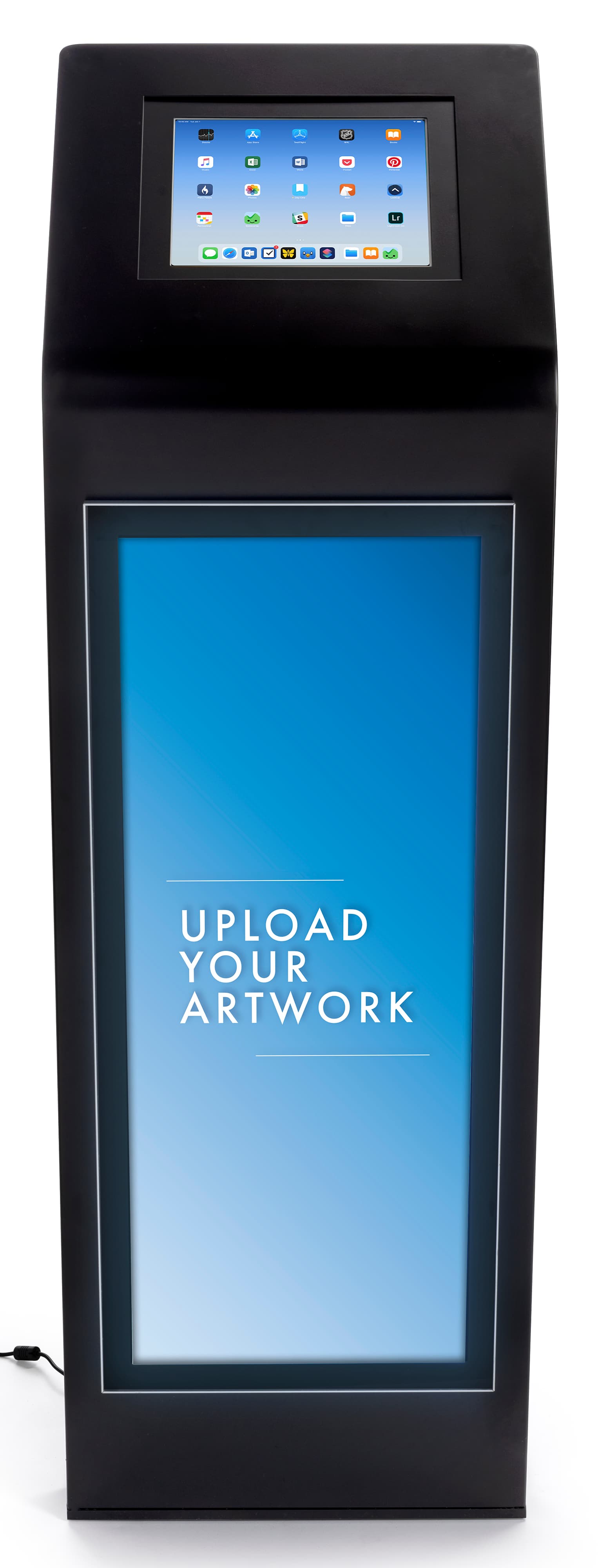 Custom backlit graphic iPad kiosk with floor standing design