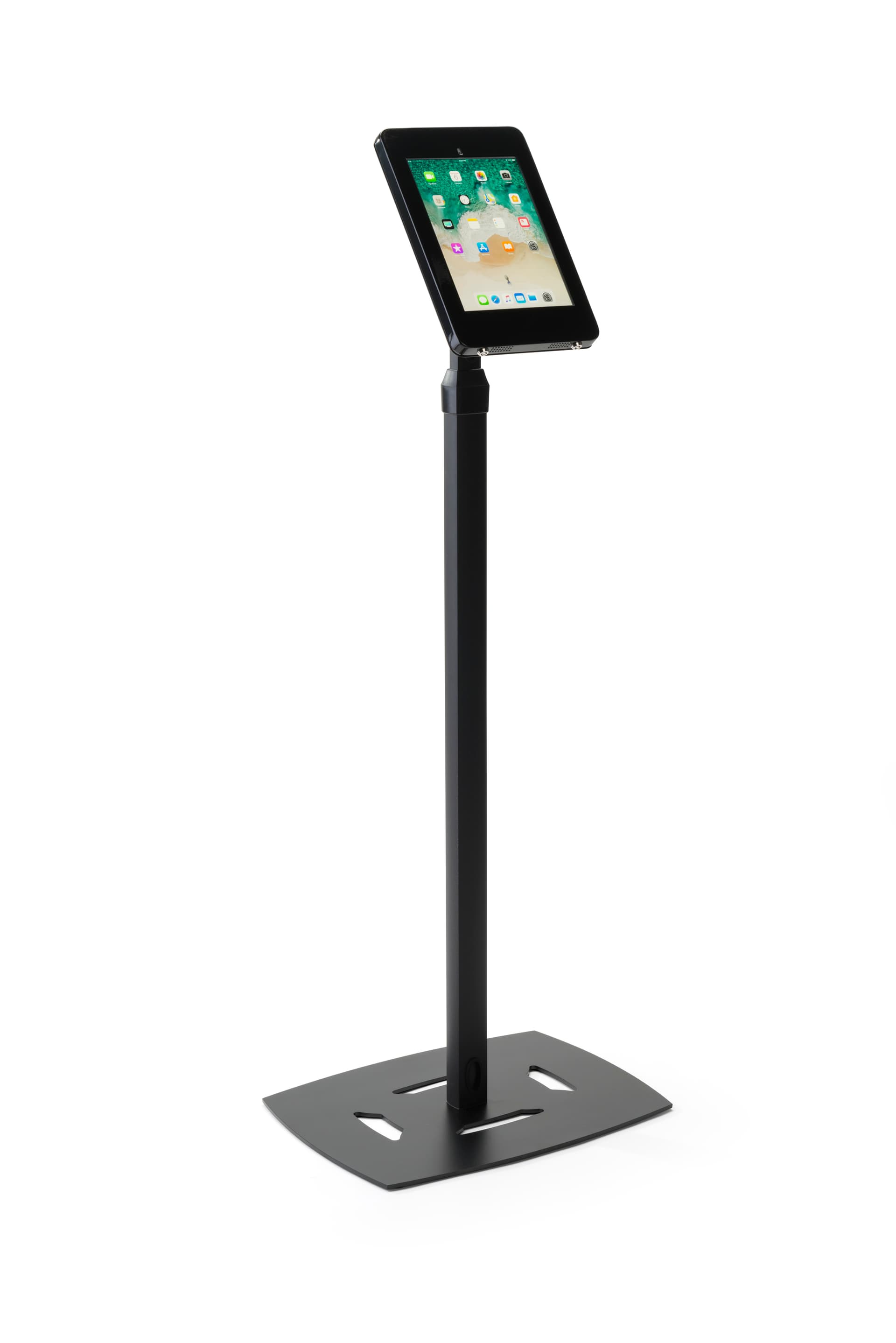 Height adjusting iPad Pro freestanding floor kiosk with tablet enclosure