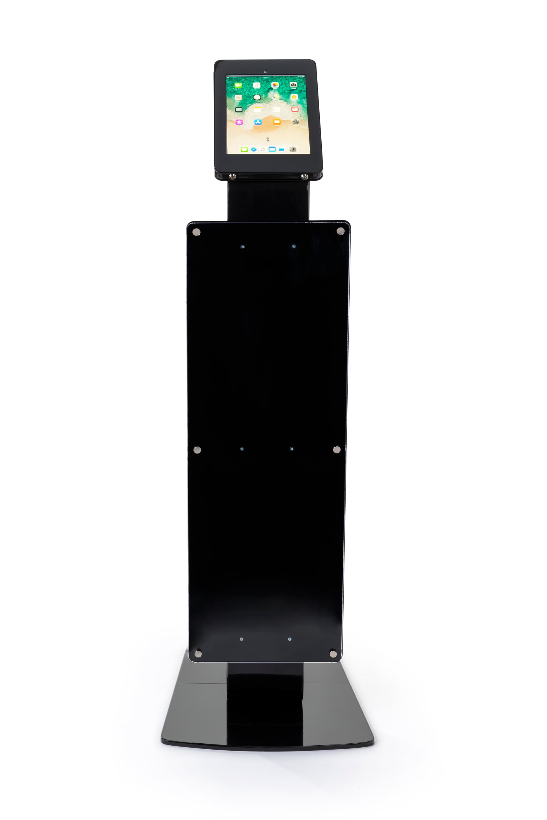 Pillar base iPad Pro kiosk with printed poster in portrait setting
