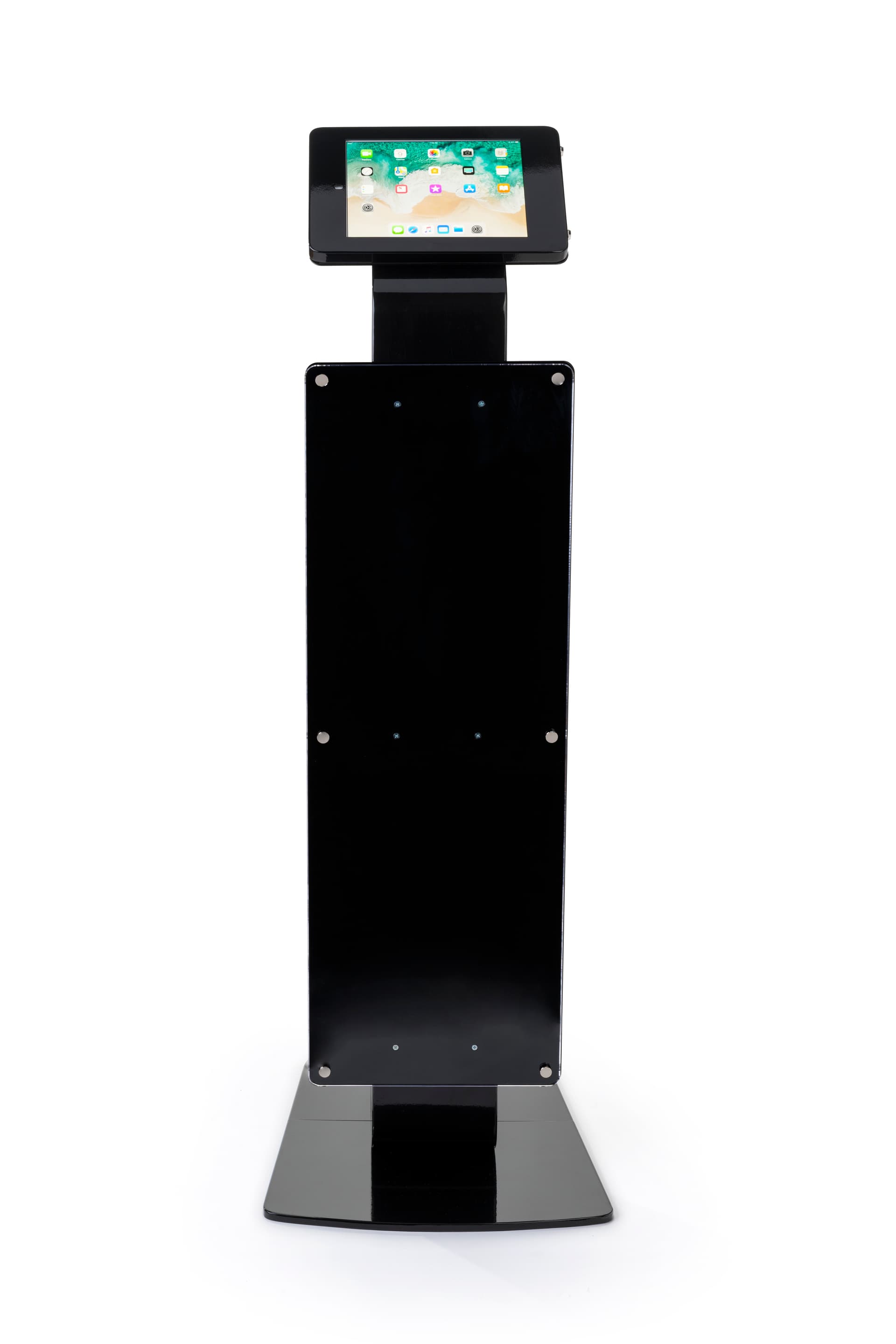 Pillar base iPad Pro kiosk with printed poster supports landscape tablet orientation