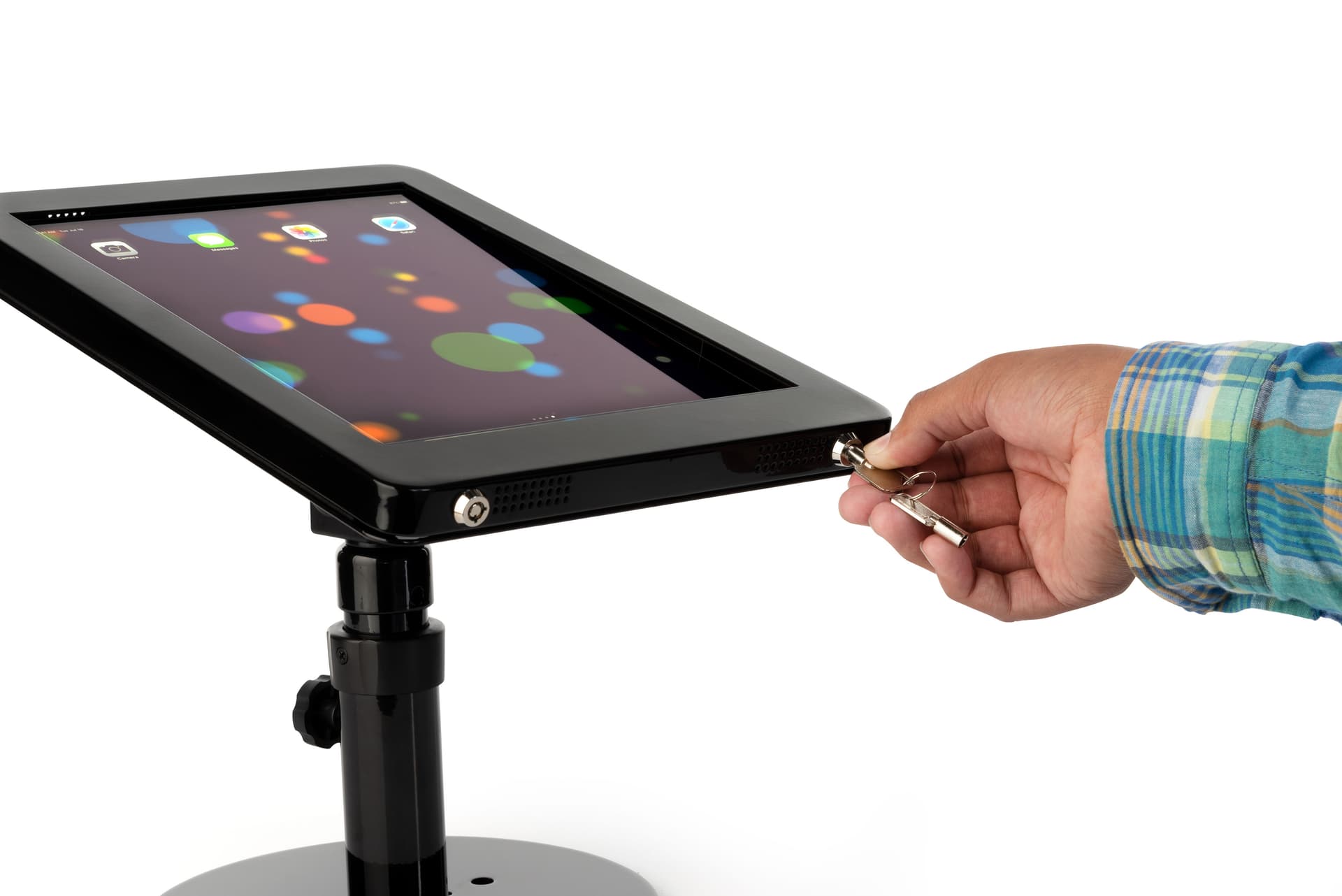 iPad Pro POS stand with dual locking anti-theft enclosure