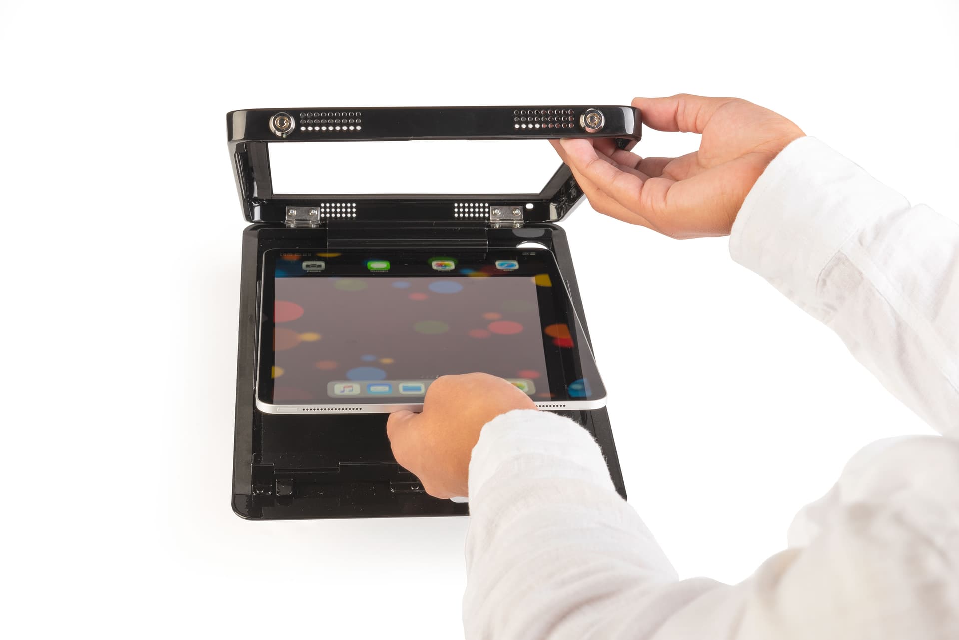 iPad POS kiosk with padding in enclosure for tablet upkeep 