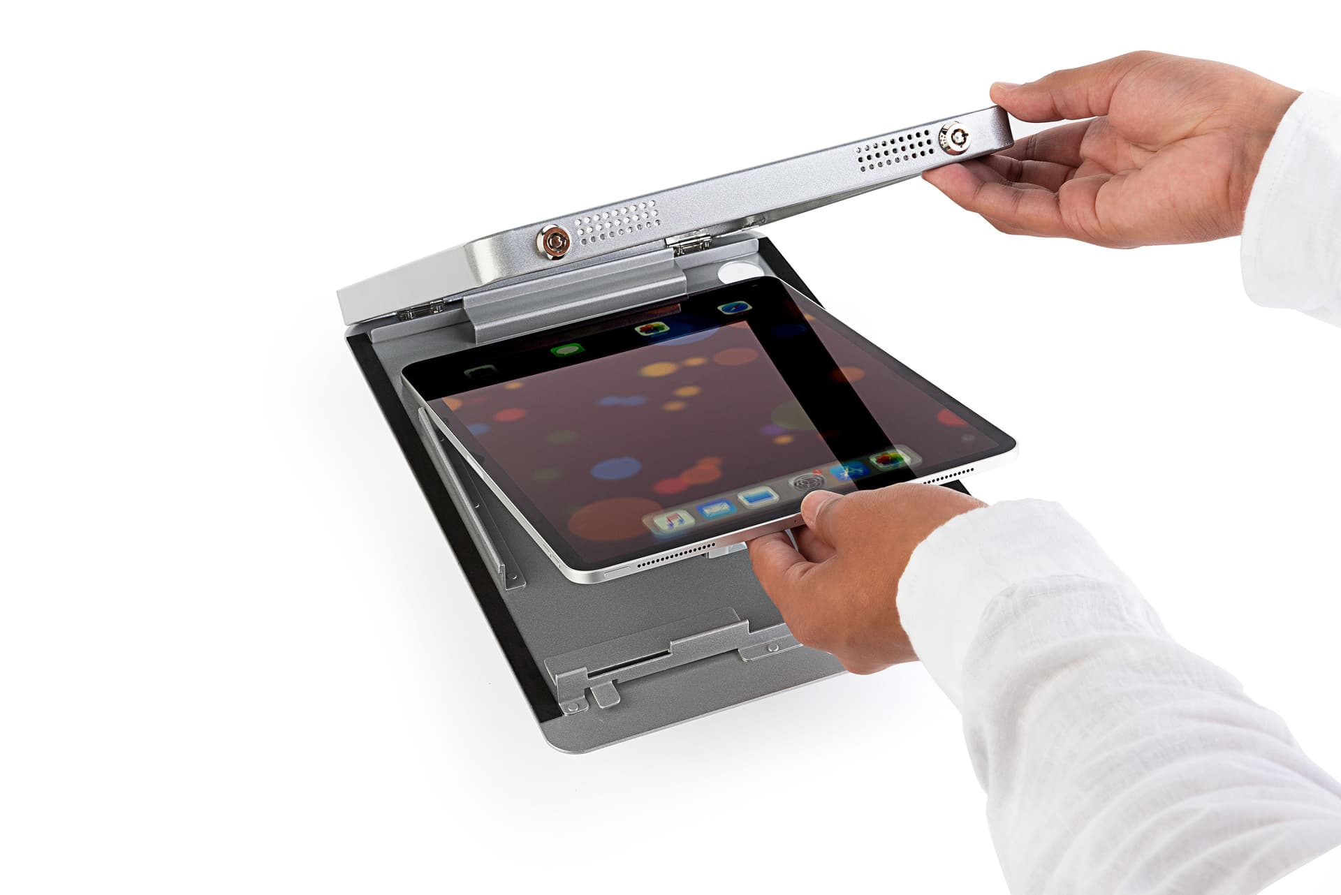 Secure iPad wall mount with silver finish and smooth design 