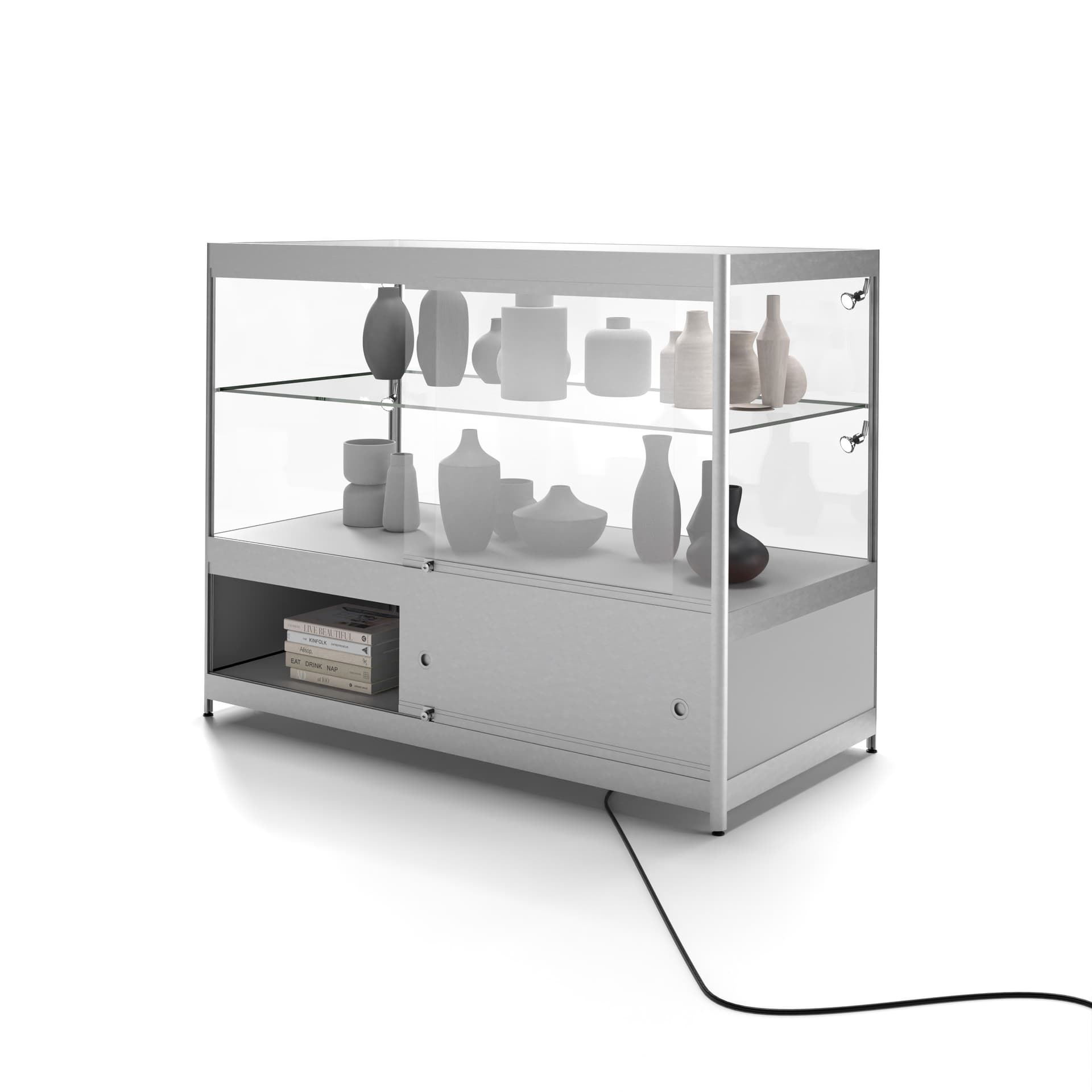 Display counter with locking storage