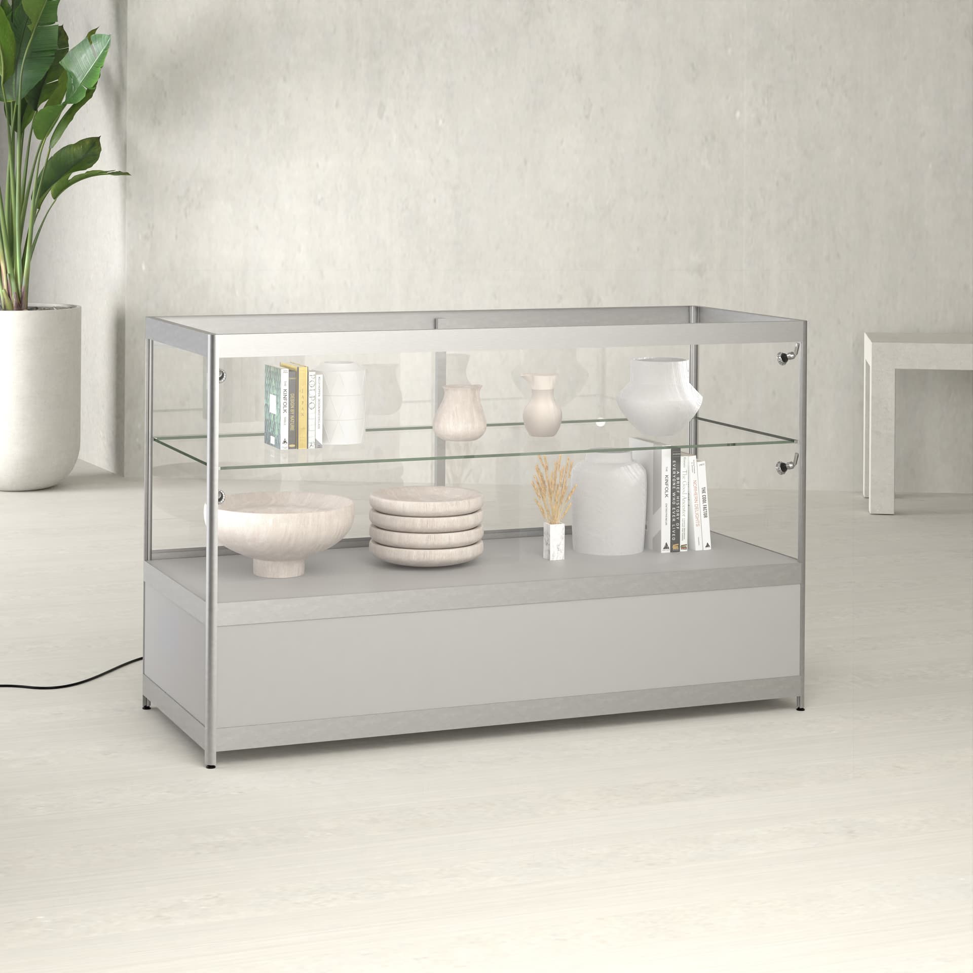 Display case with cabinet in retail environment 