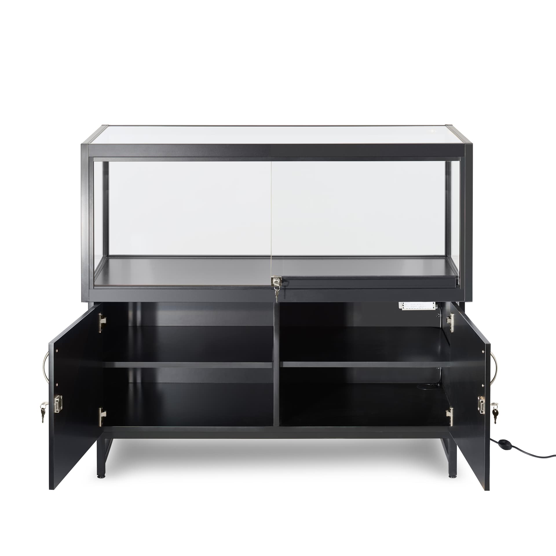 Retail store display case with split storage and two adjustable shelves